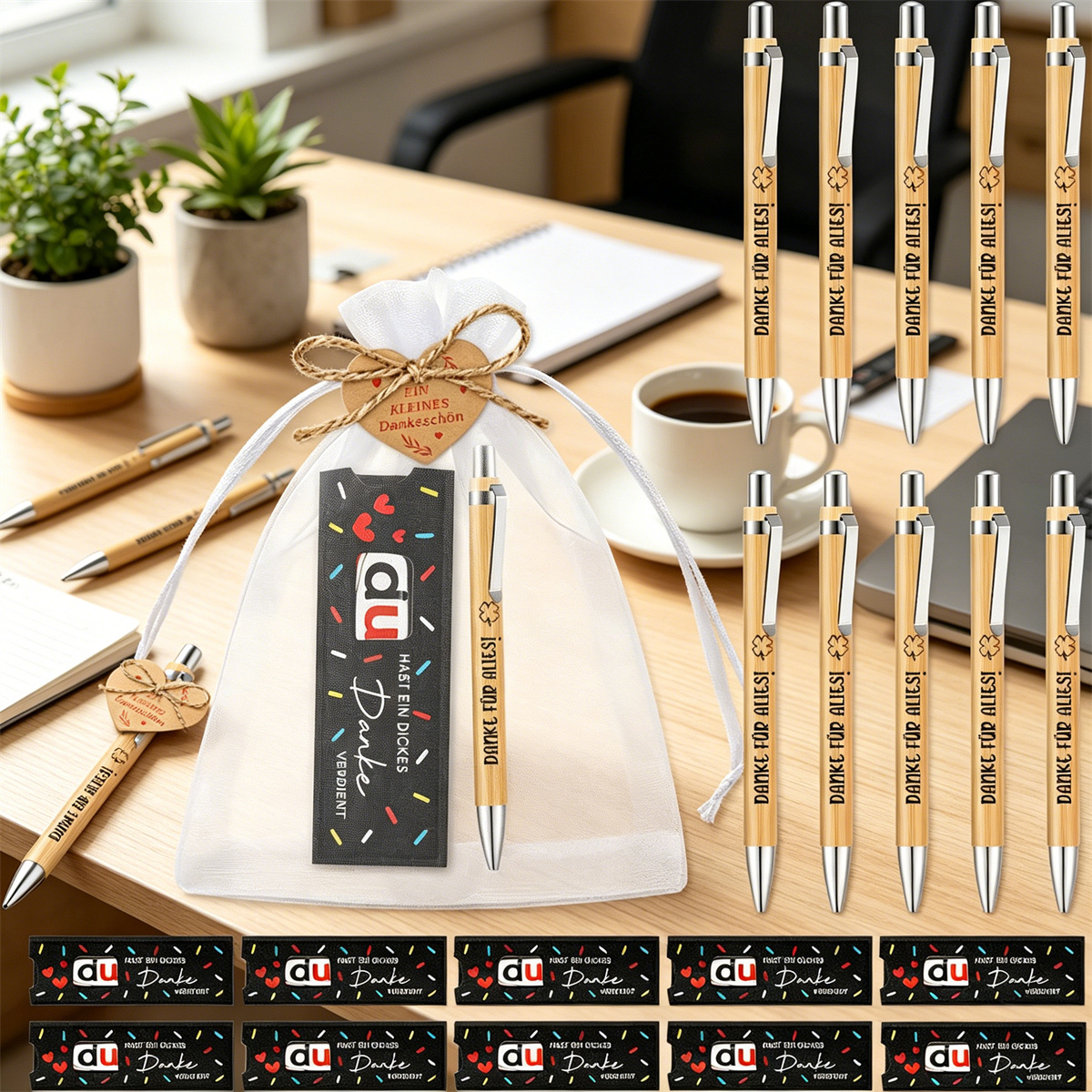 Set Of 40 Thank-you Gifts: 10 Bamboo Ballpoint Pens, 10 Small Bags, 10 Bags Of Chocolate Bars, 10 Cards