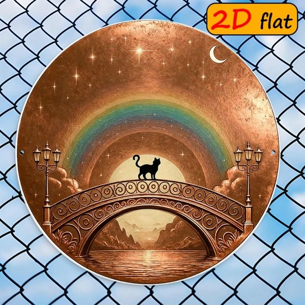 CIFbuy 2D Flat Round Aluminum Sign 7.87x7.87 Inch, "" Black Cat On Arch Bridge With Rainbow Night Sky Stars, On Arch Bridge With Rainbow Night Sky Stars,TikTok, TikTok, Tememu Self-pickup Logiarics