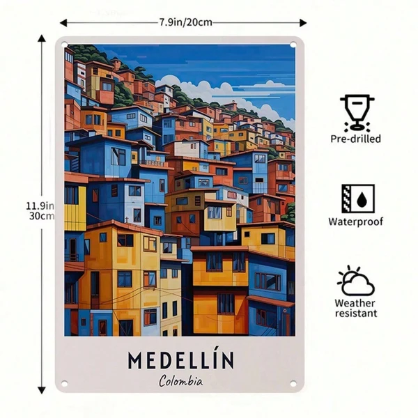 CIFbuy 1pc Retro Medellin Colombia Travel Metal Tin Sign, Vibrant Hillside Wall  view 2