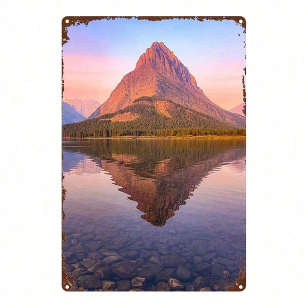 CIFbuy Mountain Lake Reflection Metal Sign, 8x12 Inch Decorative Wall Art, Durable Metal Plaque Painting For Bedroom Kitchen Home Decor Tik