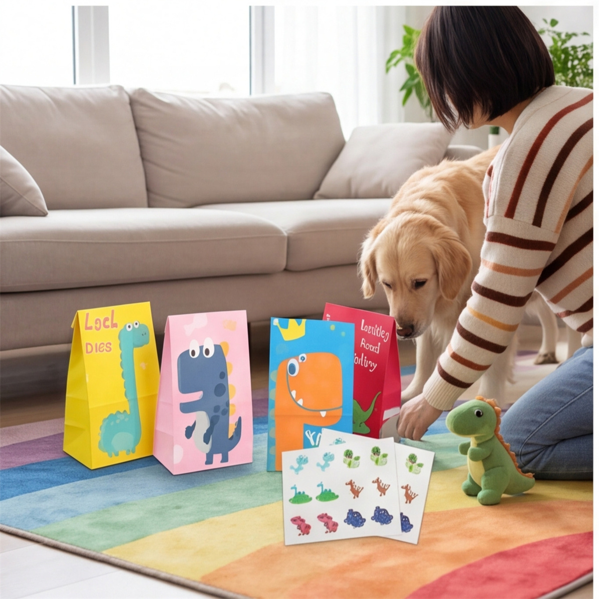 Set Of 24 Cartoon Dinosaur Party Bags In 4 Colors With 2 Sheets Of Sealing Stickers