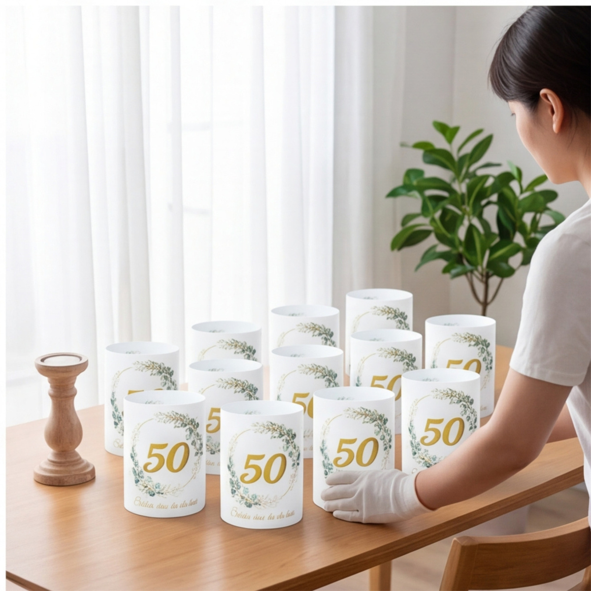 12 Candle Lamp Shades With The “Glad You're Here” Saying, Green Leaf Pattern For Celebrations And Parties
