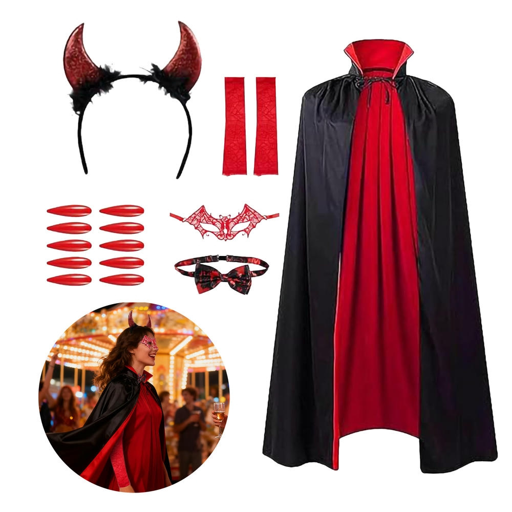 Vampire Costume Set With Cape, Fishnet Stockings, And Accessories For Halloween—Party Accessory Set