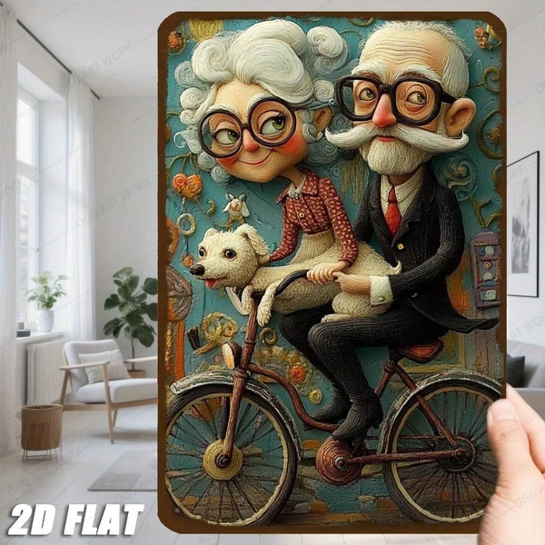 CIFbuy Vintage Metal Wall Art Retro Bike Couple With Dog Cyan Floral Background  view 5