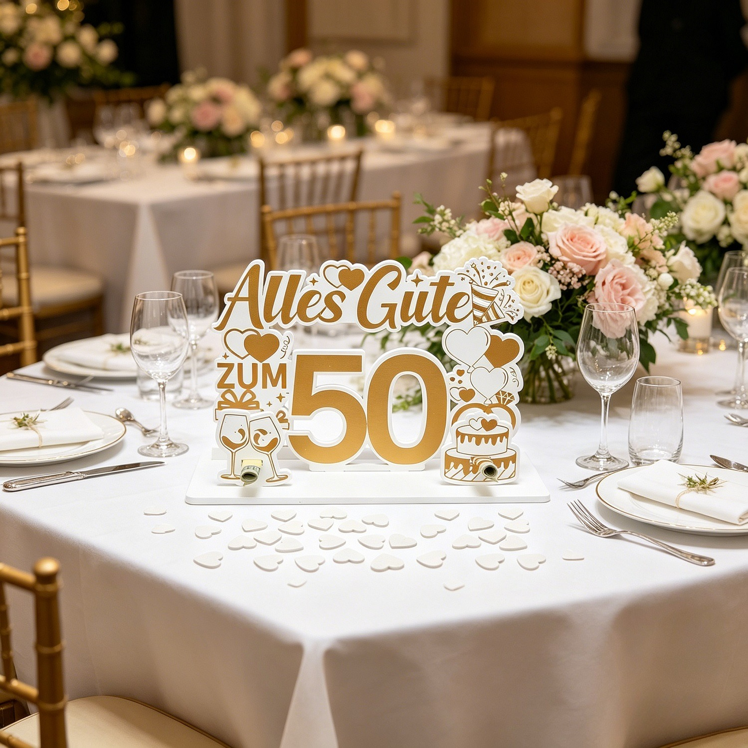 21-Piece Wooden Decor Set, “Happy 50th” Wooden Table Decorations & 20 White Heart-Shaped Wooden Discs For Wedd