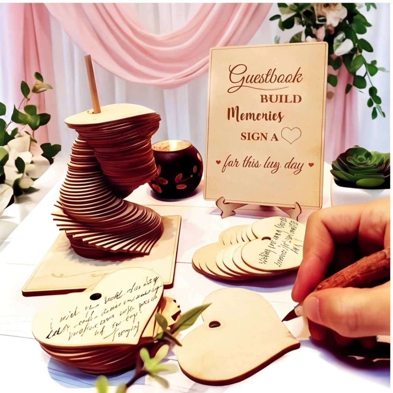 Wooden Guest Book Table With Heart Detail, Wedding Guest Book Table For The Celebration—party Accessory Set