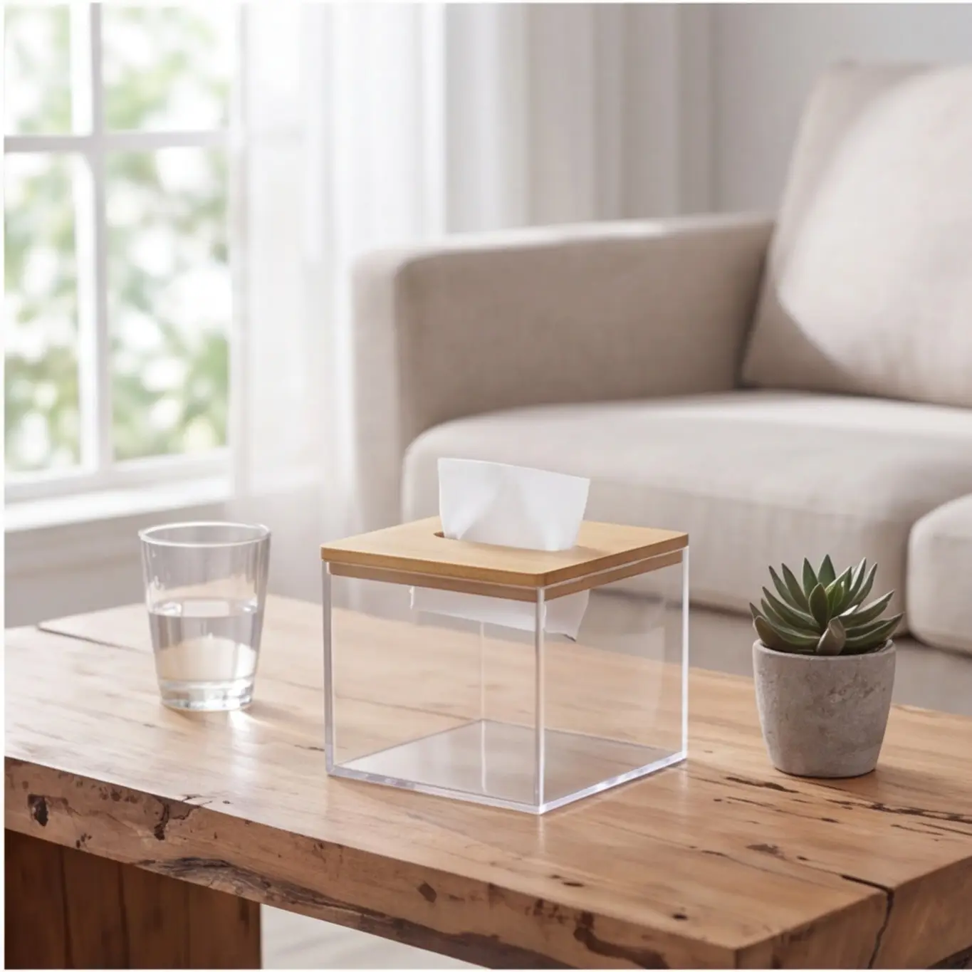 Acrylic Tissue Box With Bamboo Lid, Transparent