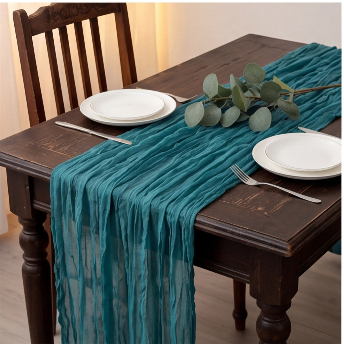 Pleated Table Runner, 90 X 400 Cm, In Peacock Blue, For Table Decoration And Party Supplies Set