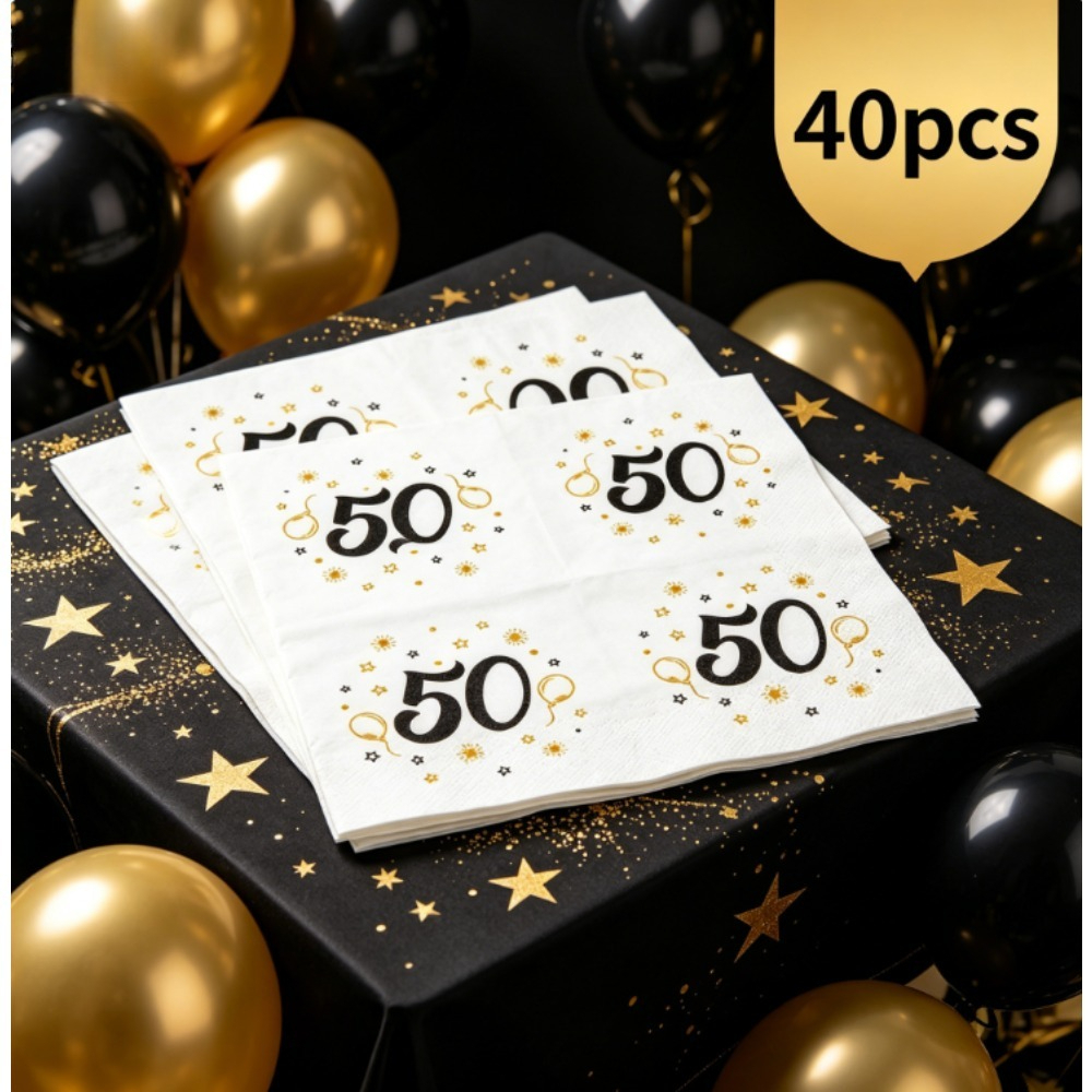 40 Black-and-Gold Napkins For Stylish Table Decor At Celebrations—Party Supplies Set