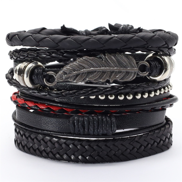 Title 15, Schwarzes Feder-Herrenarmband, 5-teiliges Set