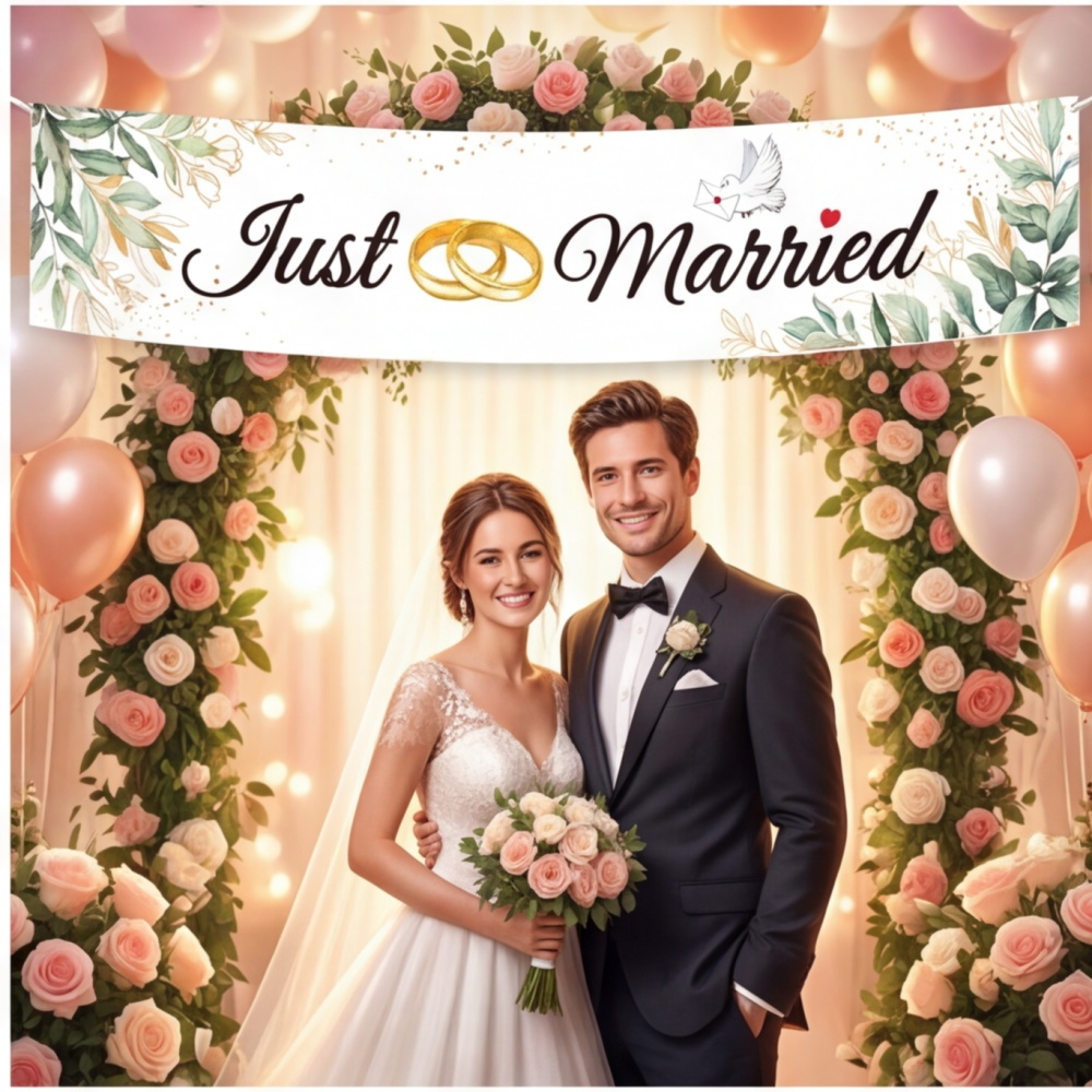 “Just Married” Wedding Banner—a Large Fabric Banner, Romantic Wedding Decoration For Cars And Reception Halls,