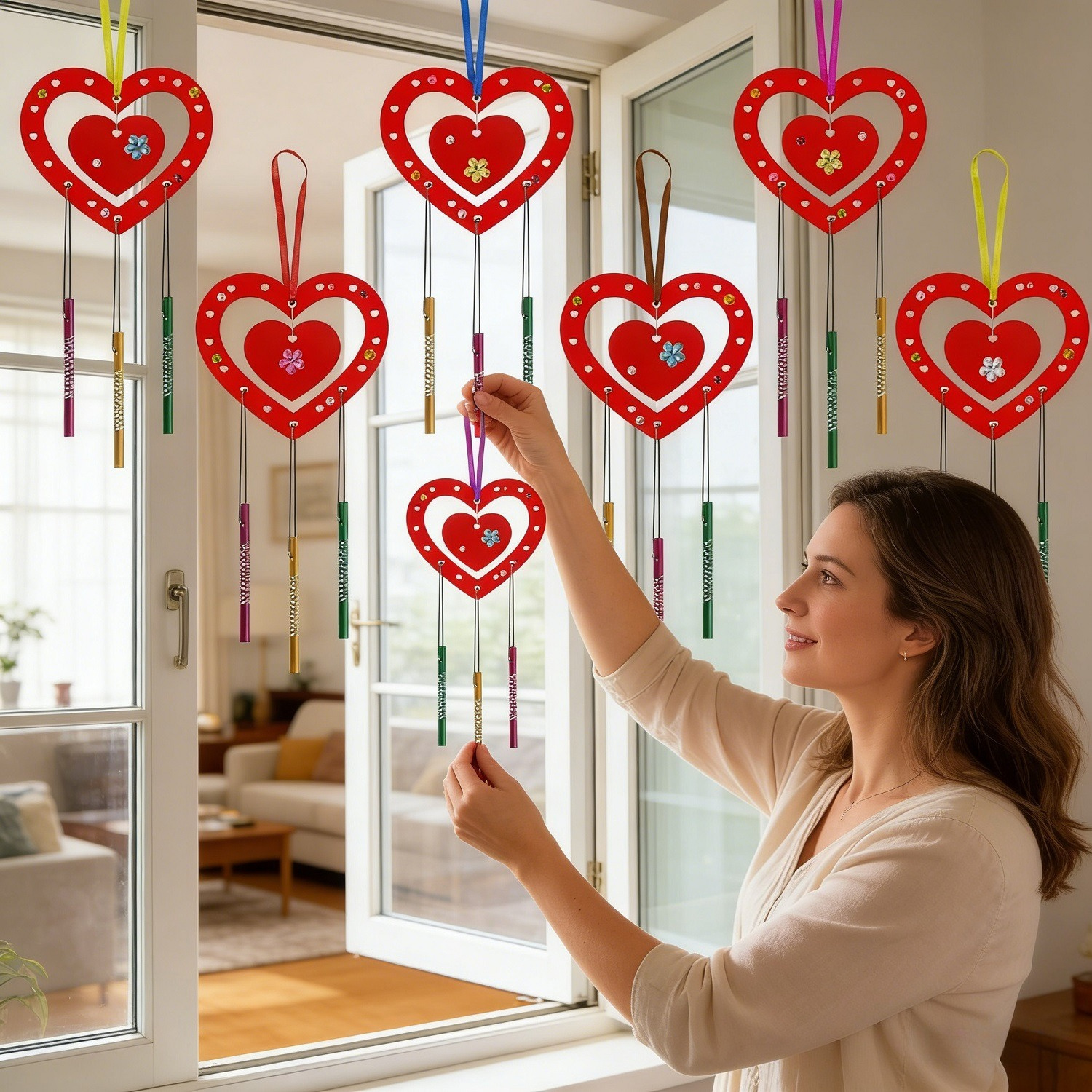 49-Piece Red Heart Wind Chime Set, Creative DIY Craft Kit With 27 Colorful Wind Chime Tubes & 9 Red Wooden Hea