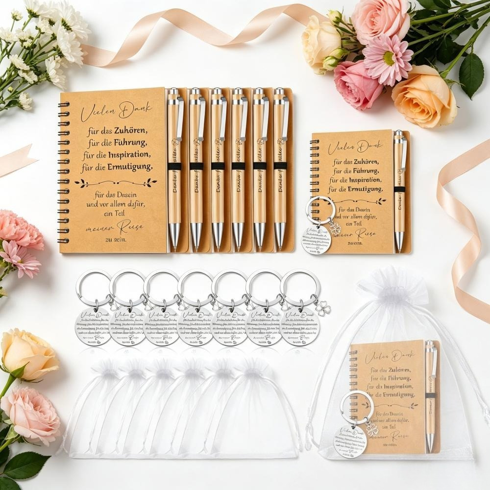 32-piece Thank-you Gift Set With Bamboo Pens, Notebooks, Pouches, And Keychains For Teacher Party Decorations