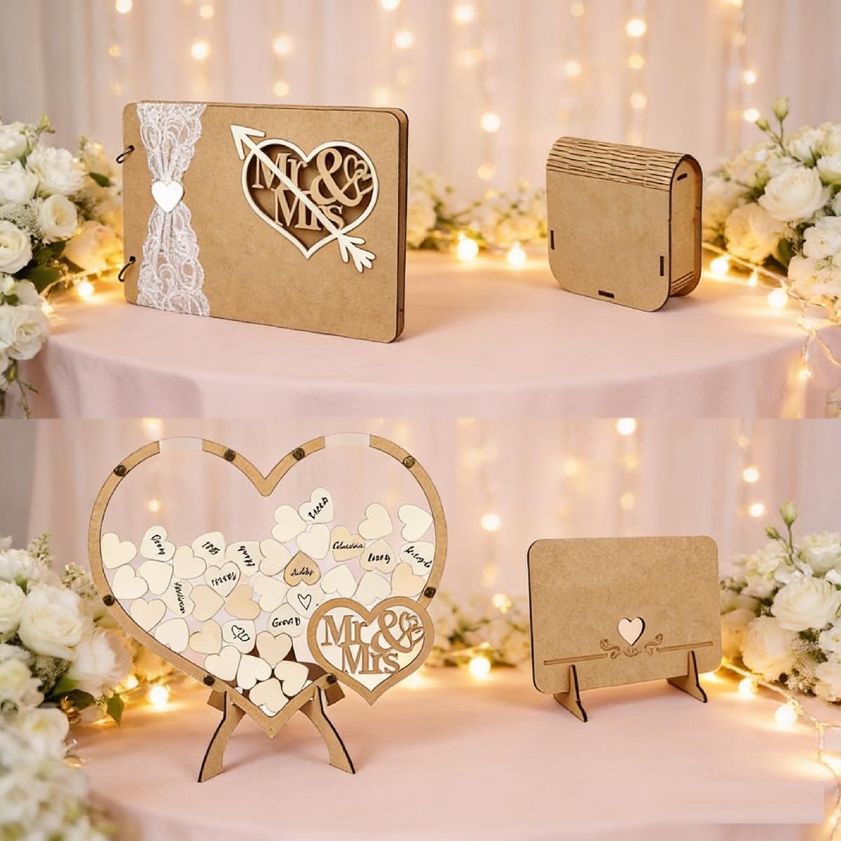 Wedding Guest Book 4-Piece Set, MR MRS Heart-Shaped Guest Book With Pen And Decorations, Romantic Album For Th