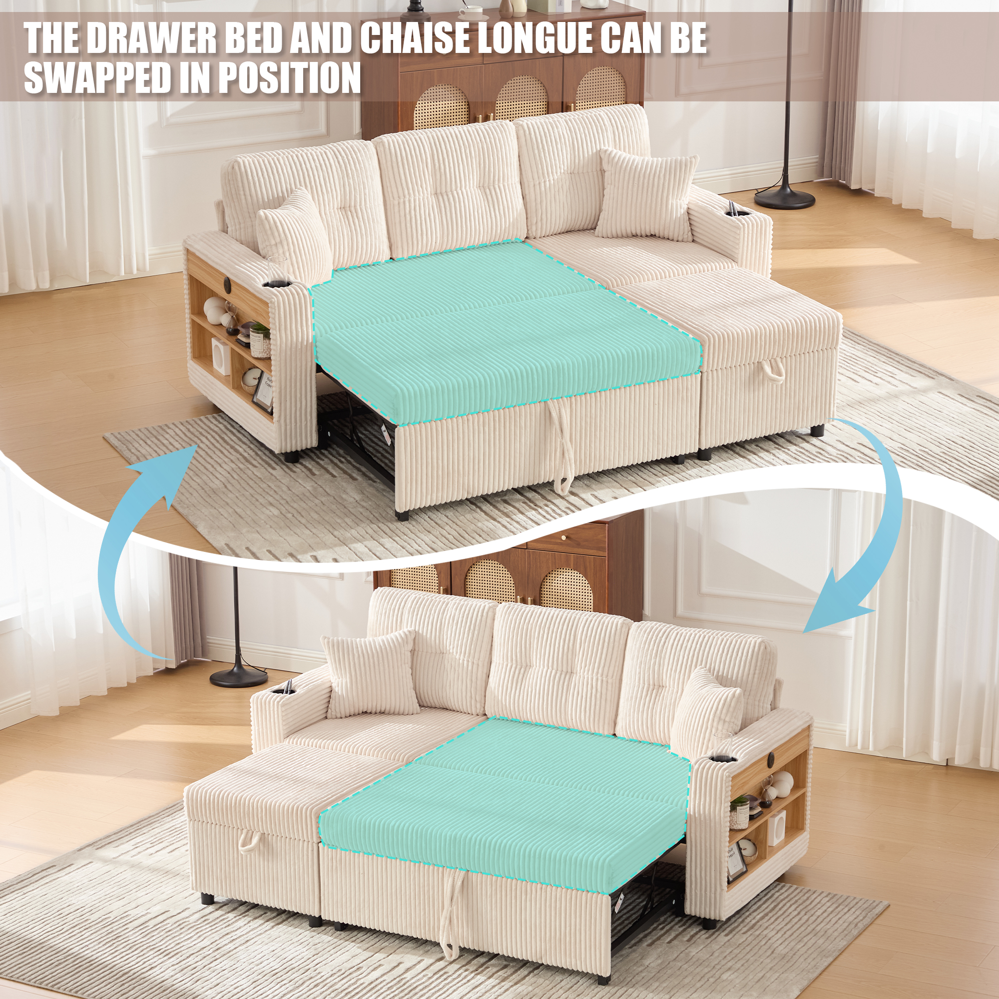 Corduroy Sofa Bed With Storage And Pull-out Featuring USB-C Charging, LED — image 2