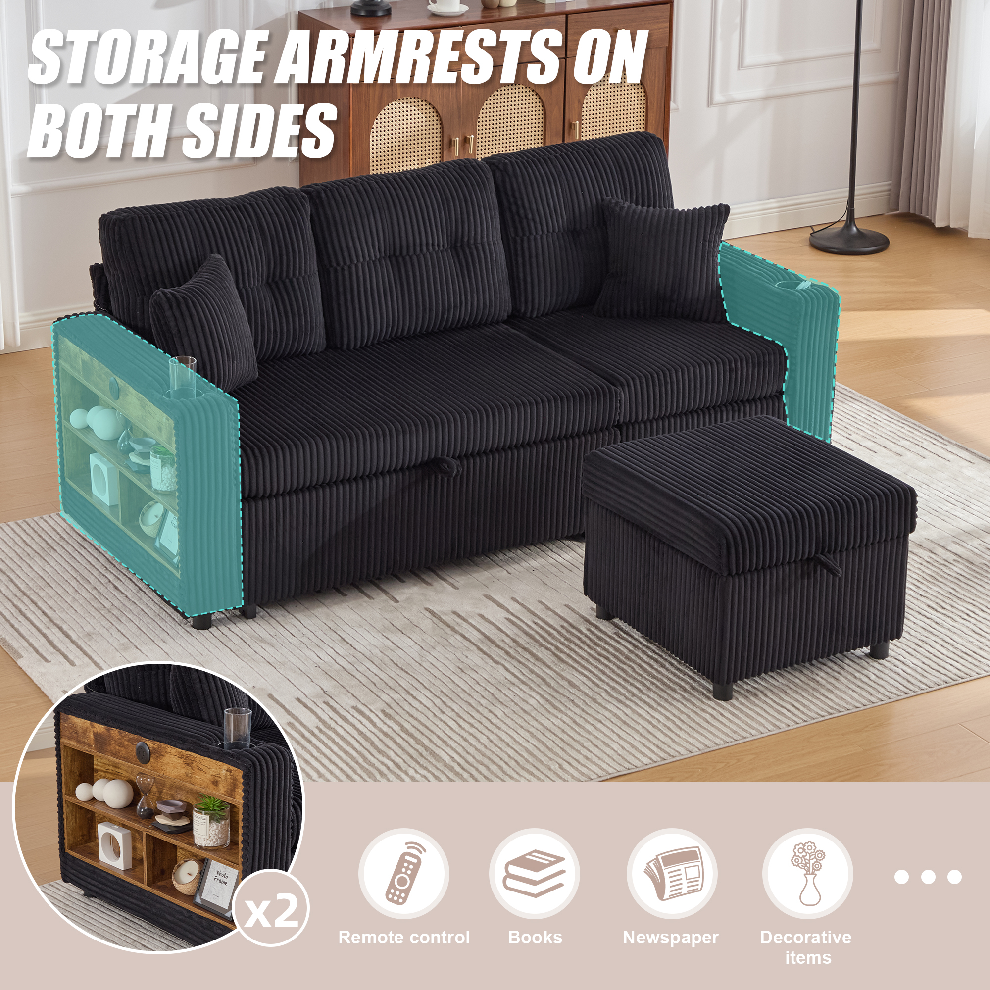 Corduroy Sofa Bed With Storage And Pull-out Featuring USB-C Charging, LED — image 4