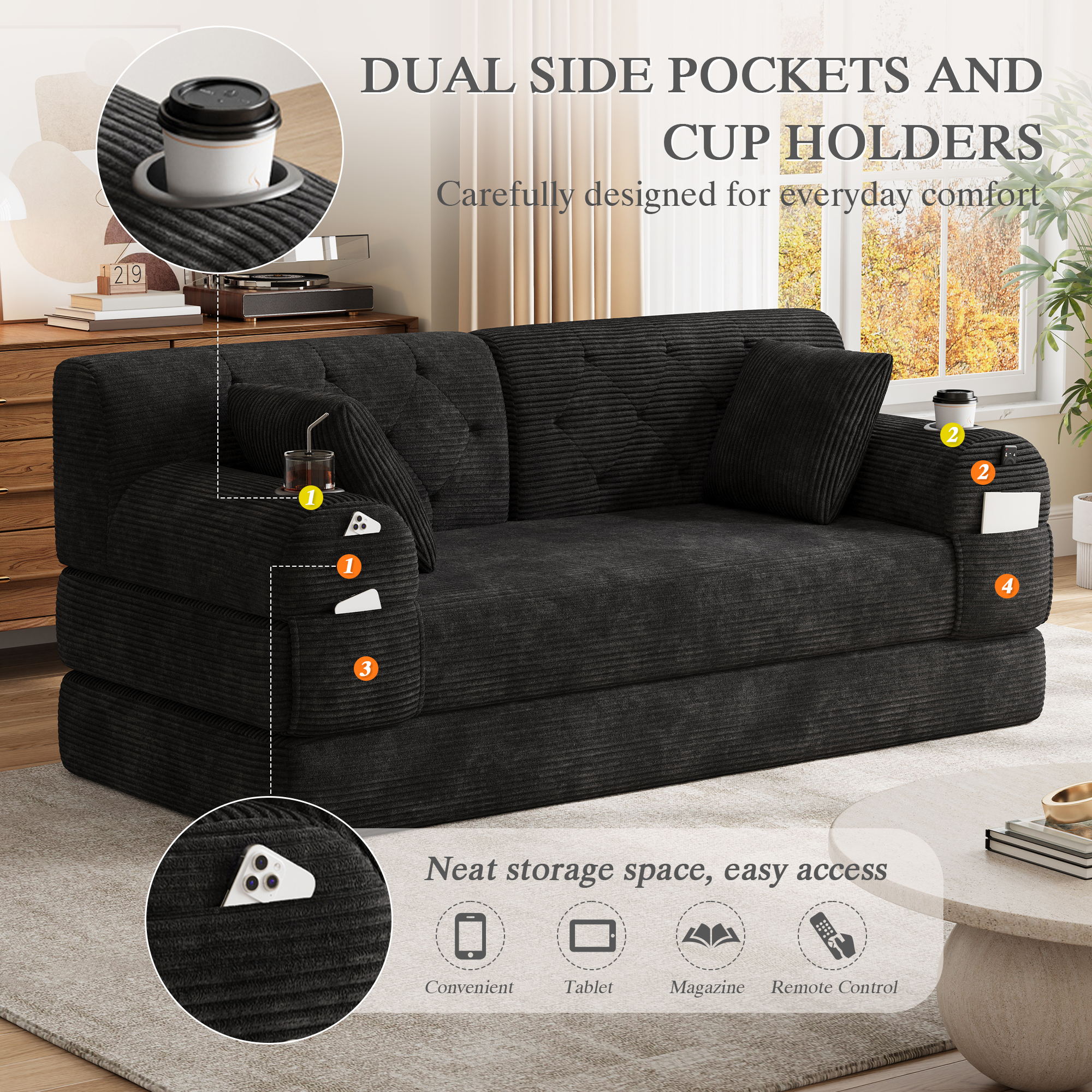 2-Seater Sleeper Sofa, Compressed Corduroy With High Backrest, Metal Frame — image 5