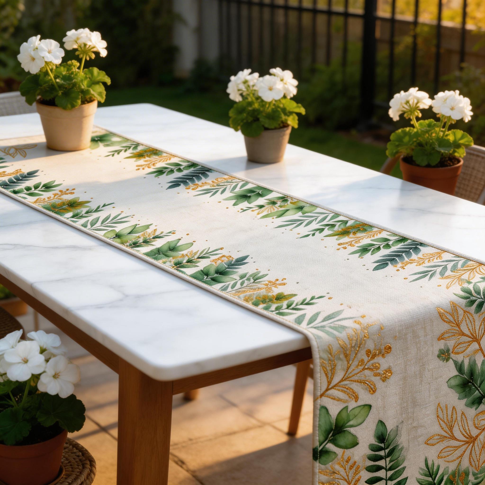 Green Leaf Table Runner, 1 Piece—Elongated Table Decoration With Leaf Pattern, Fabric Table Runner For Wedding