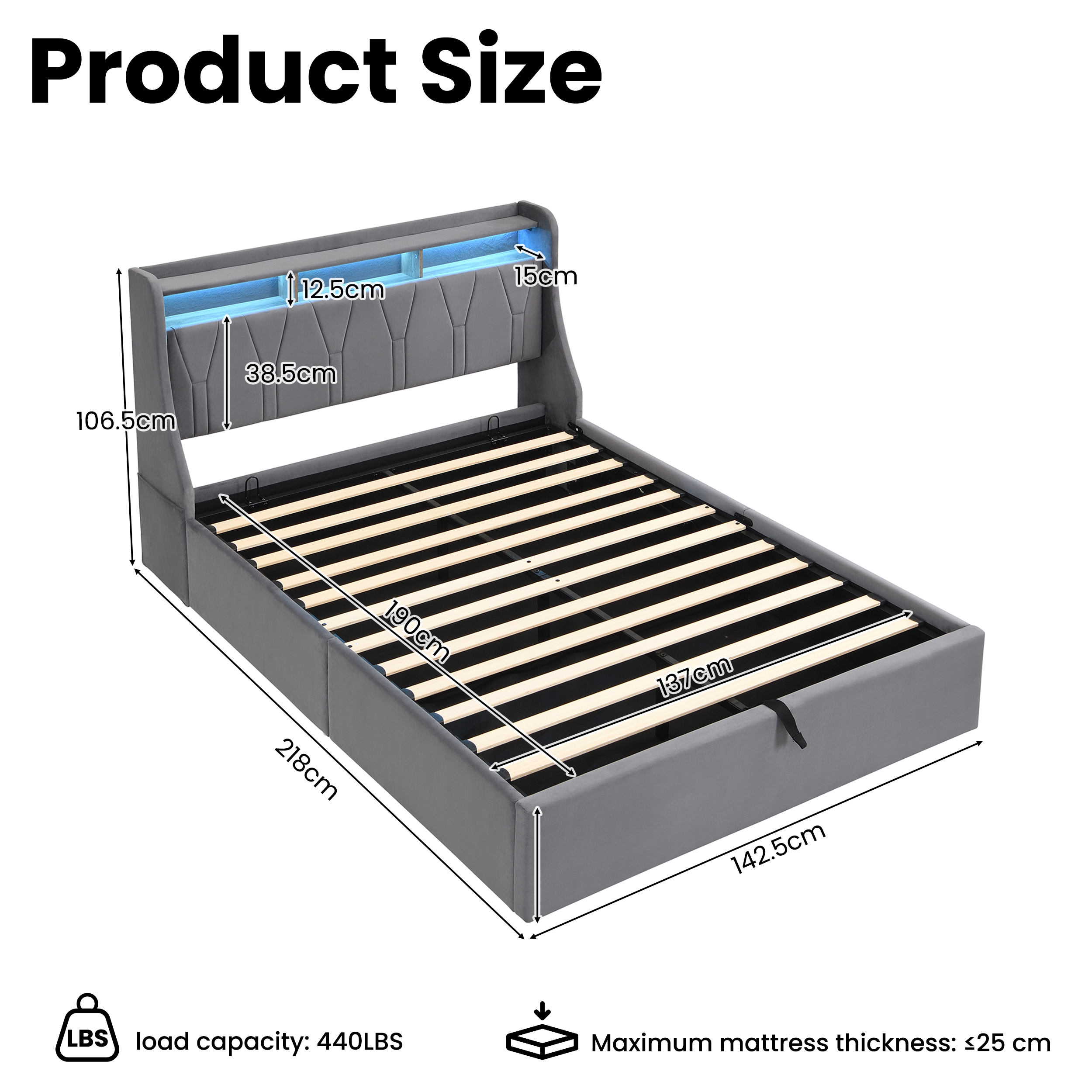 Upholstered Bed, Hydraulic With Storage Function, LED Lighting, 4ft6, Double — image 5