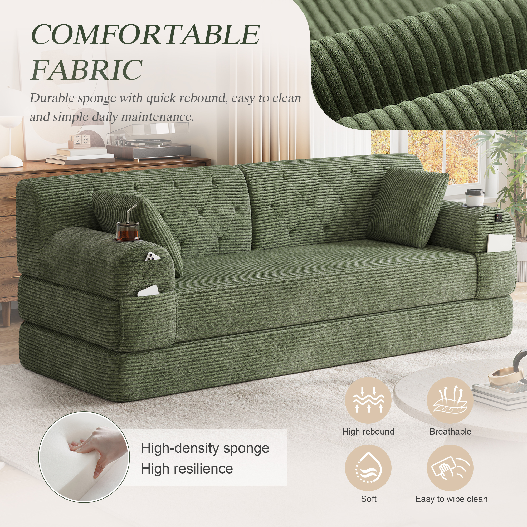 3-Seater Sleeper Sofa, Compressed Corduroy With High Backrest, Metal Frame — image 5