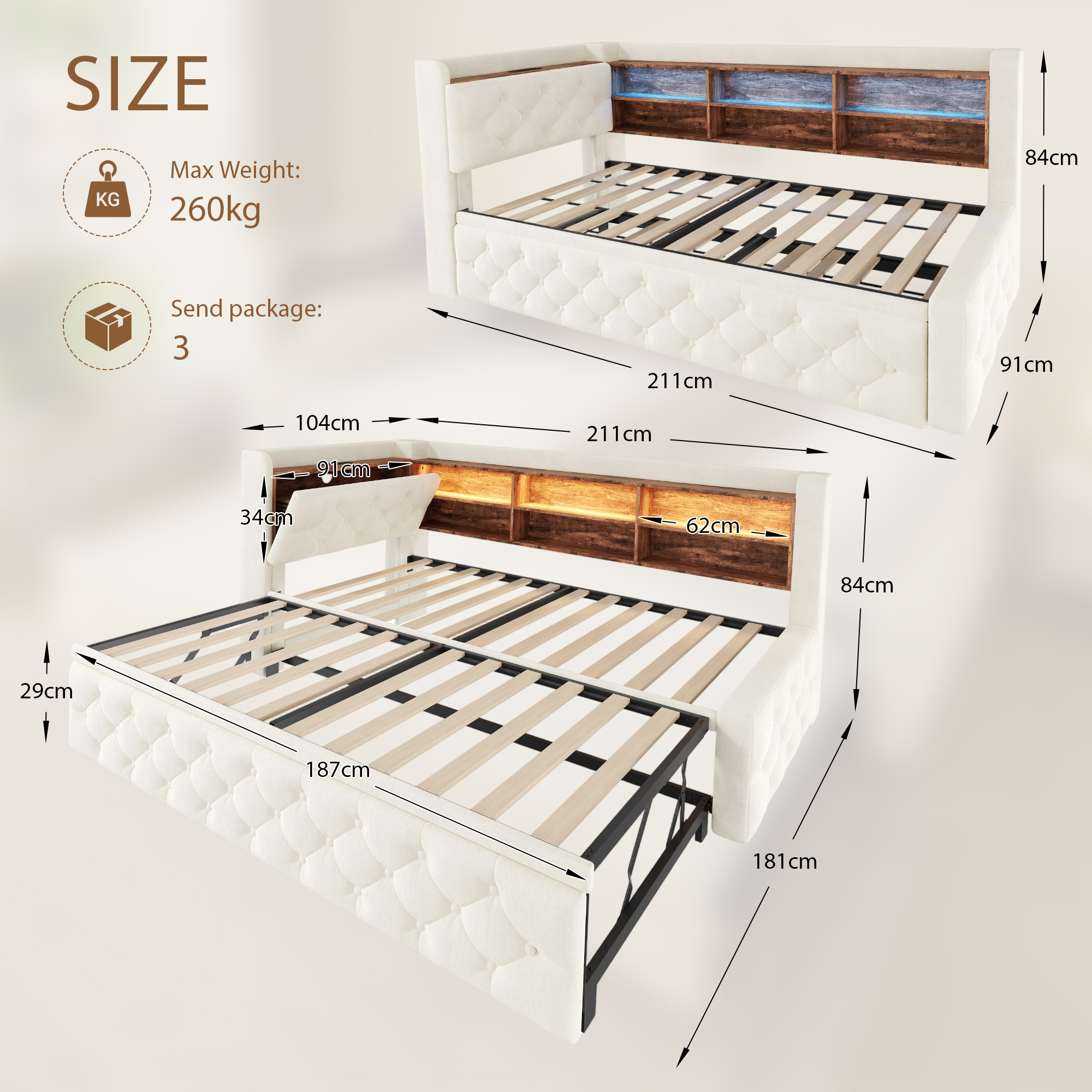 90 X 190 Cm Velvet Sofa Bed Frame, Pull-Out Day With Storage Armrest, Wooden — image 4