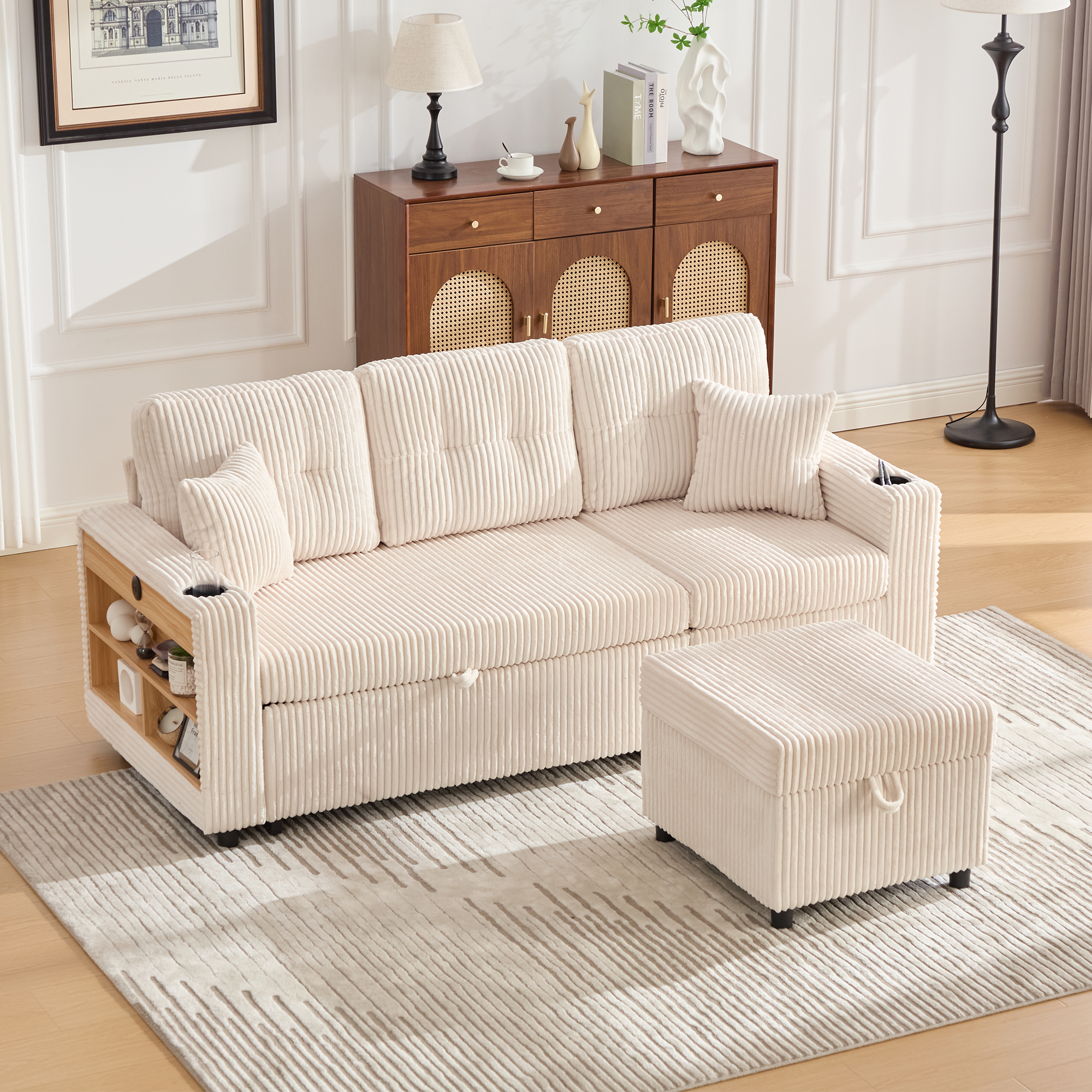 Corduroy Sofa Bed With Storage And Pull-out Featuring USB-C Charging, LED — image 3