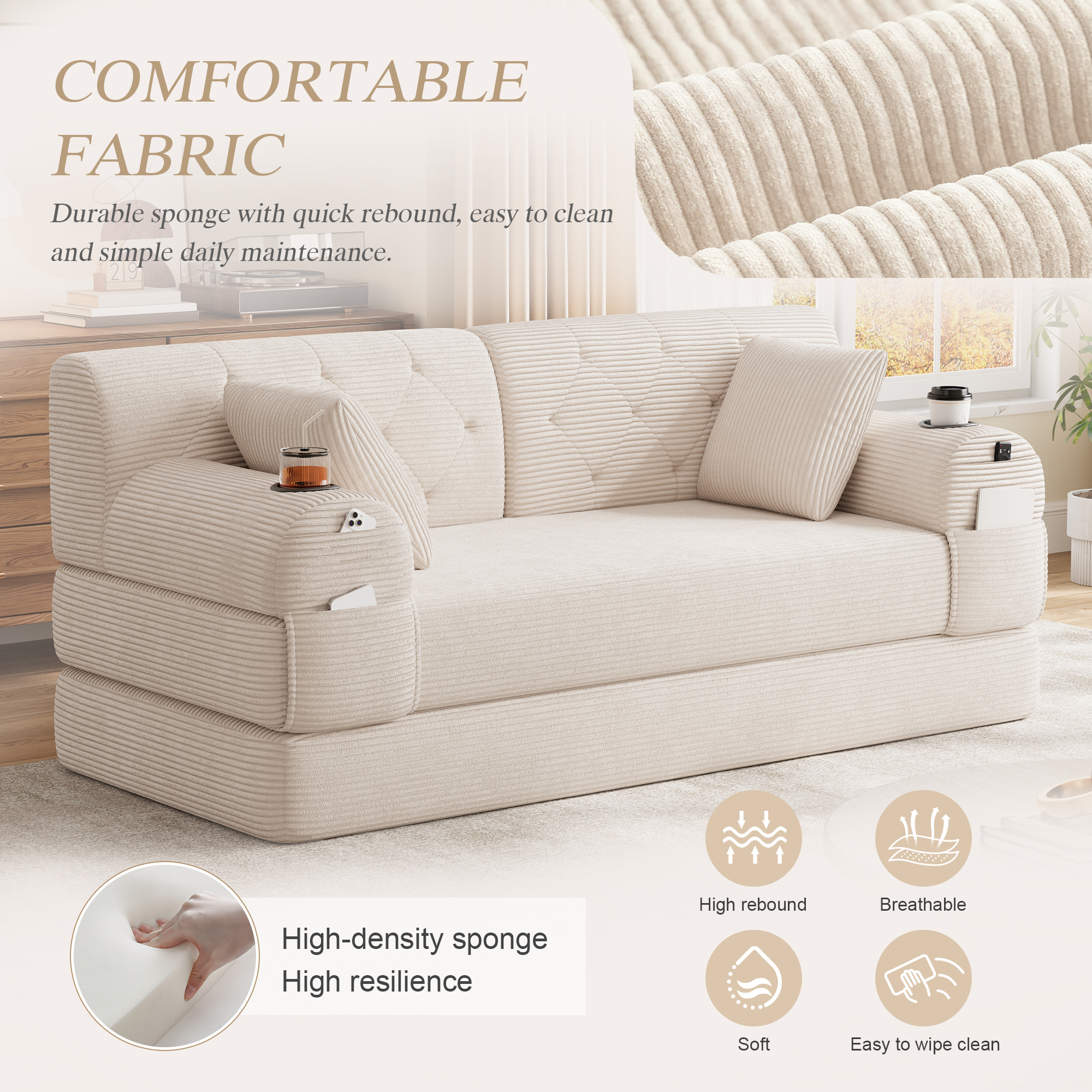 2-Seater Sleeper Sofa, Compressed Corduroy With High Backrest, Metal Frame — image 3