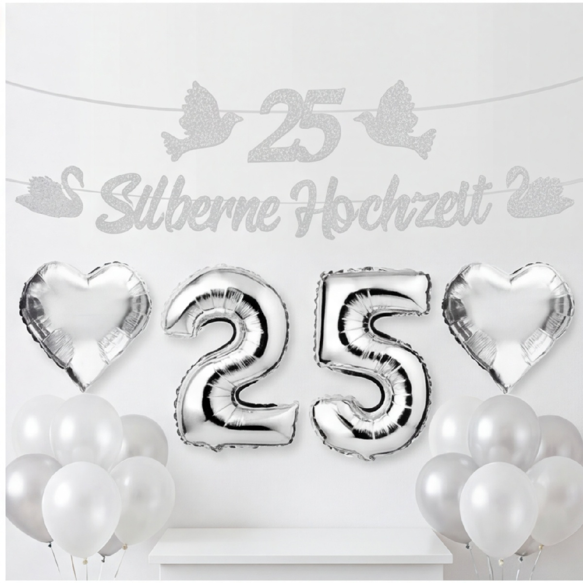 Decoration Set For The 25th Silver Wedding Anniversary – Silver-and-White Garland With Banner For The Silver W