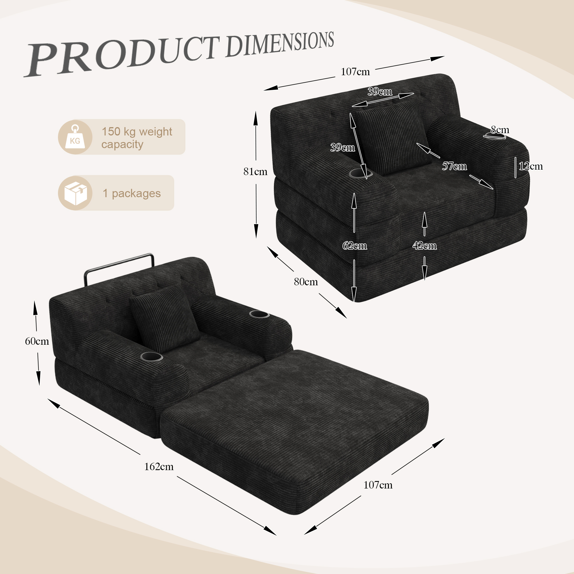 1-Seater Sleeper Sofa, Compressed Corduroy With High Backrest, Metal Frame — image 5