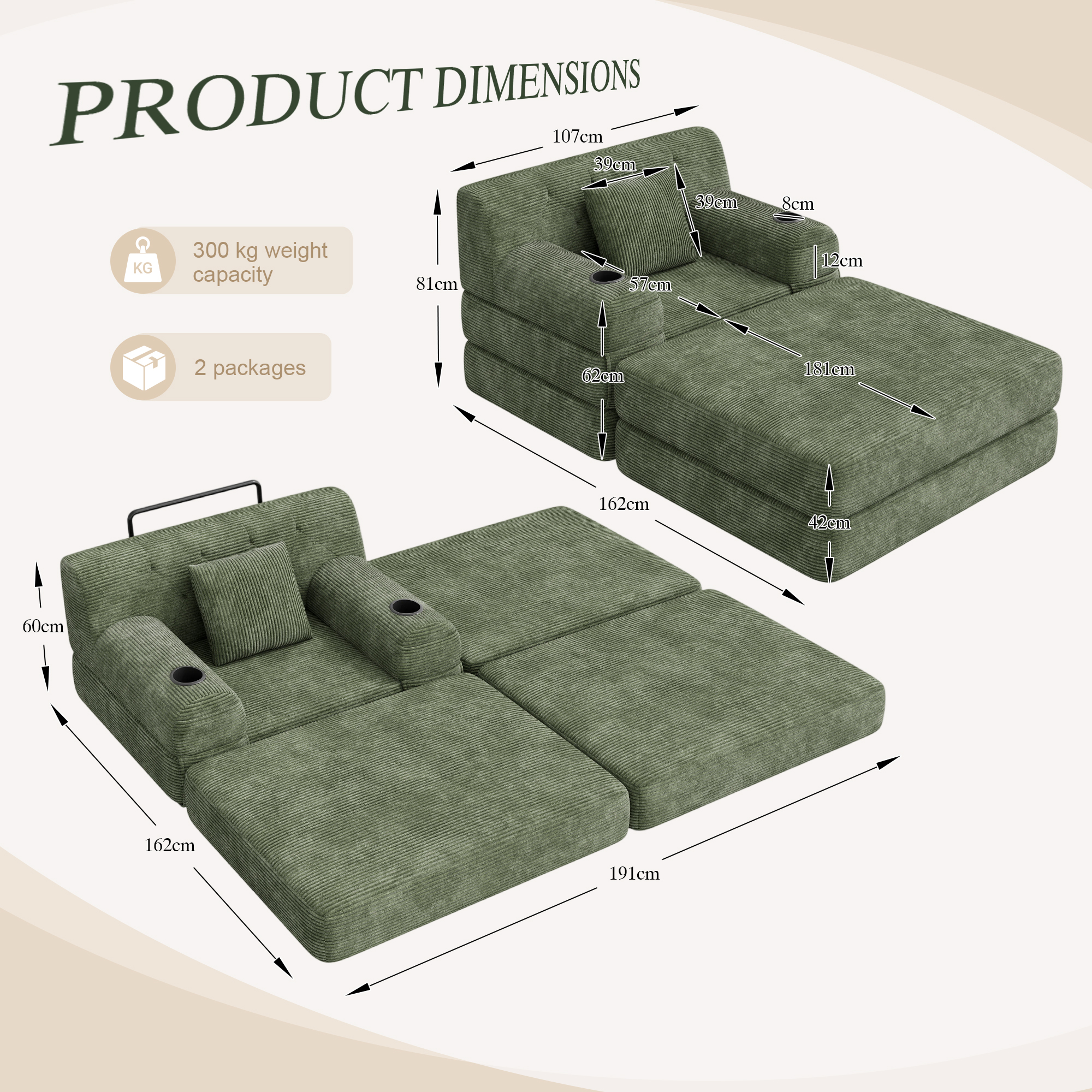 Cord Sleeper Chair With Ottoman, Convertible 1-Seater Sofa Bed, Compressed