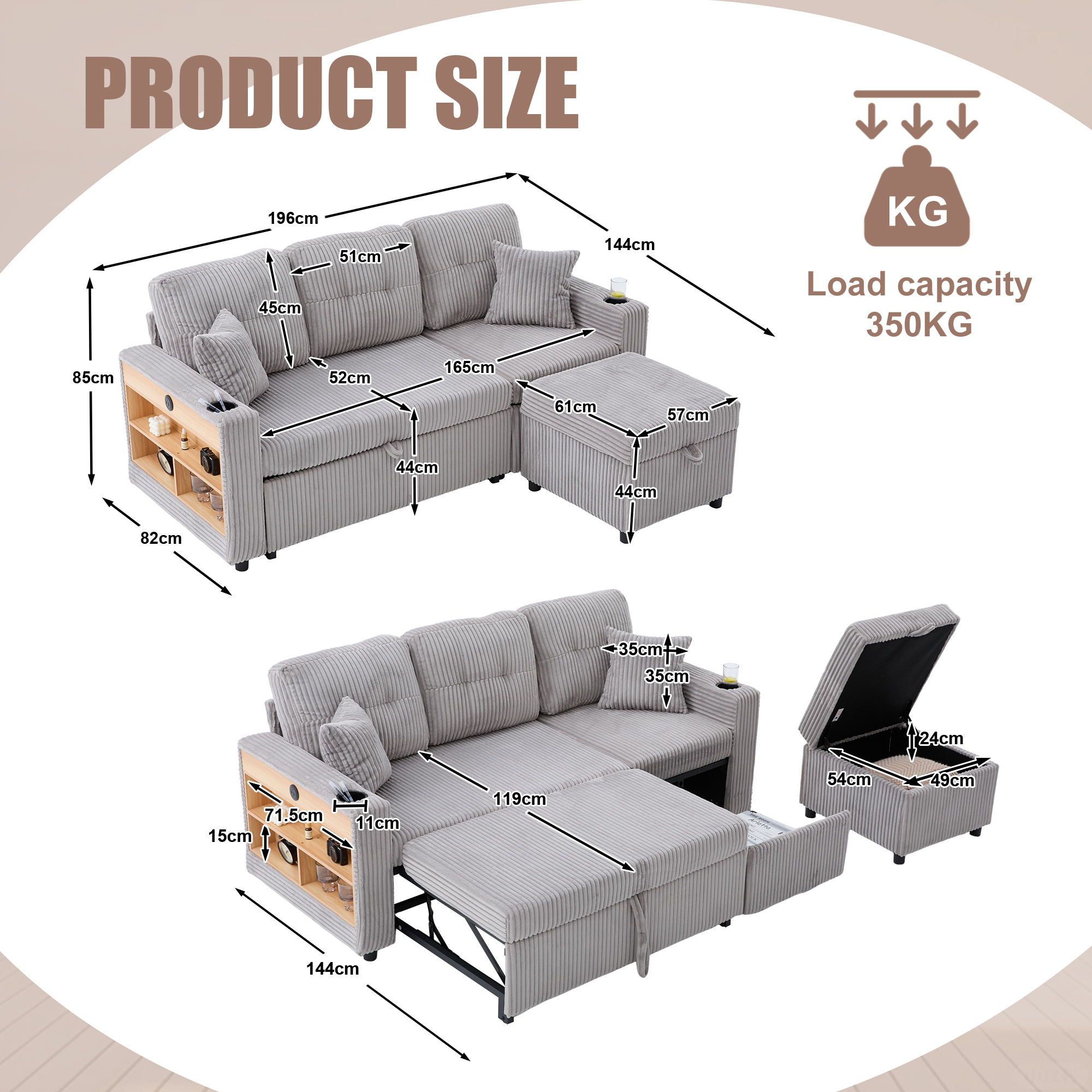 Corduroy Sofa Bed With Storage And Pull-out Featuring USB-C Charging, LED — image 4
