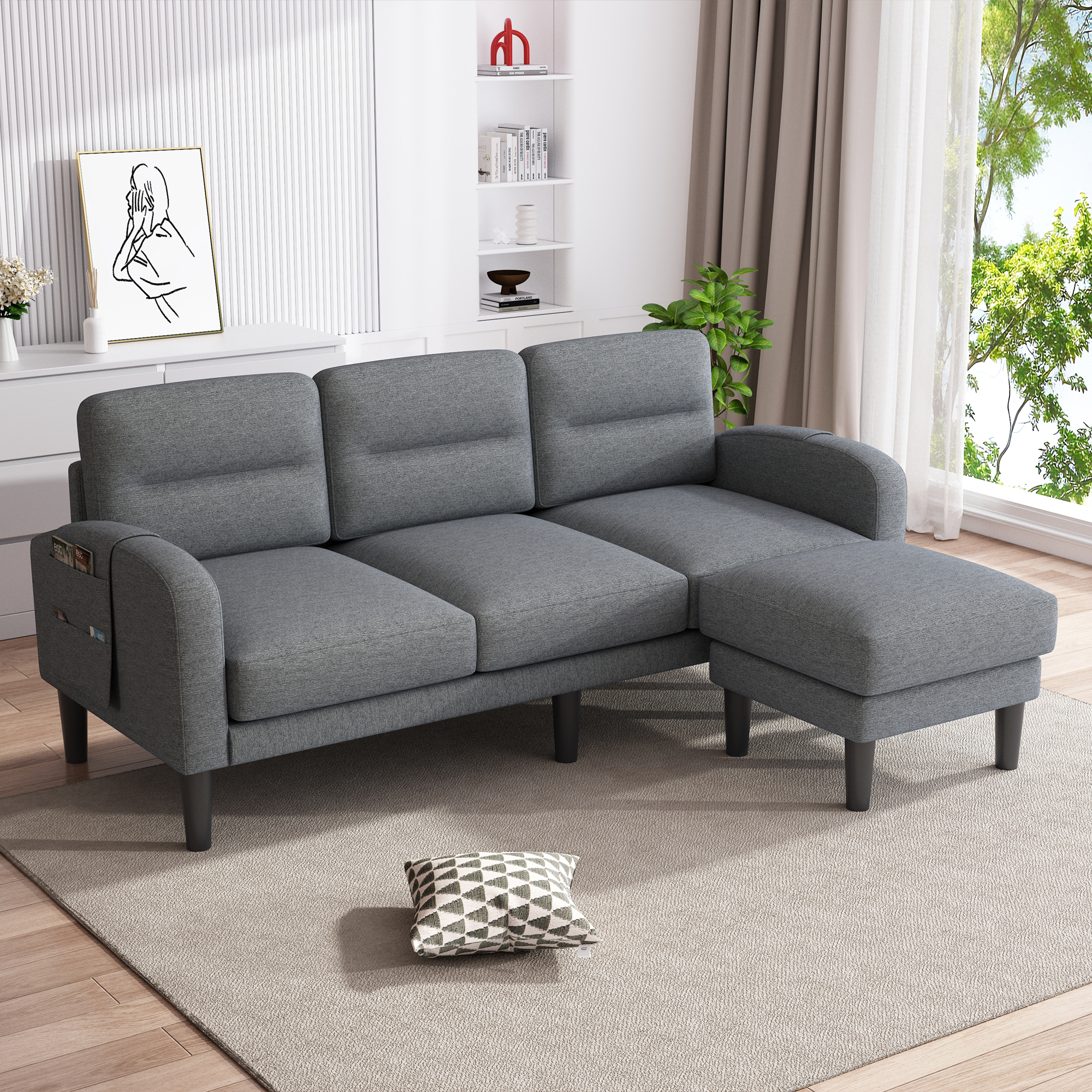 Grey Cotton And Linen Sofa Corner Sofa,L Shaped Couch,Modular Fiexible