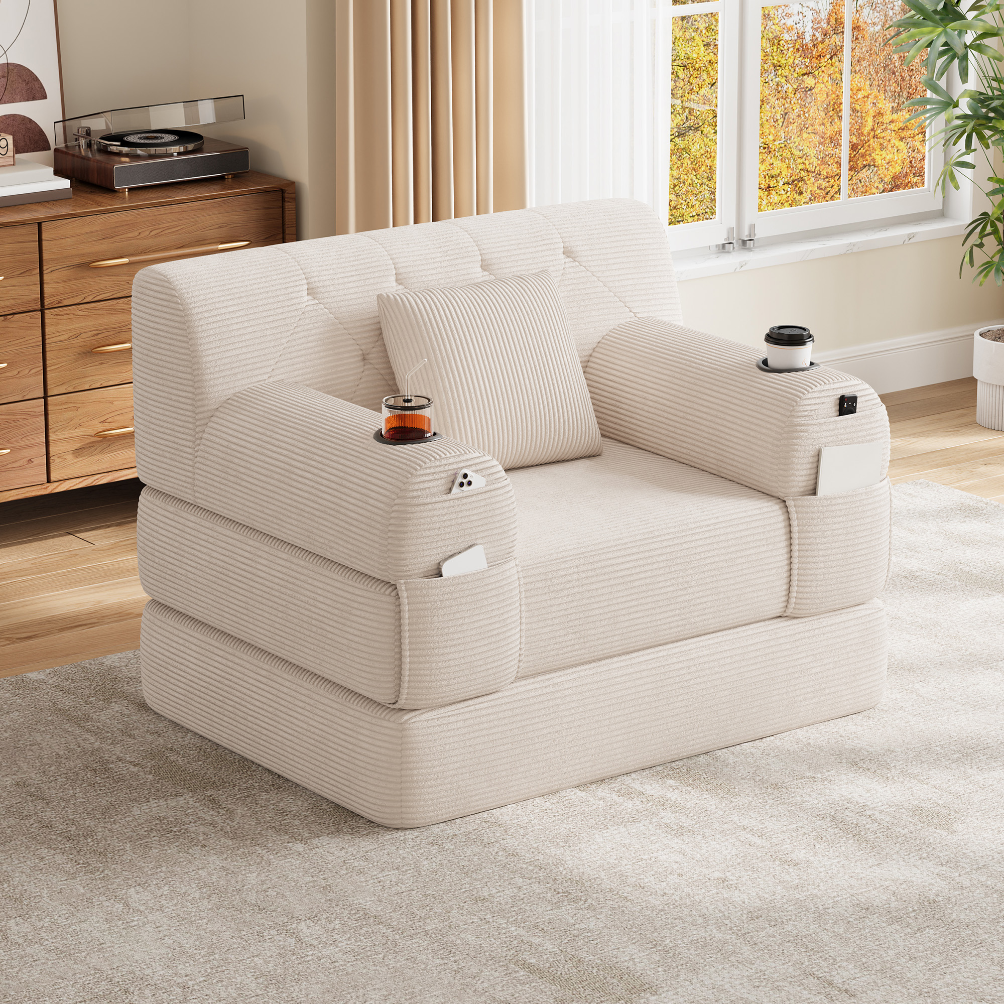 1-Seater Sleeper Sofa, Compressed Corduroy With High Backrest, Metal Frame — image 5