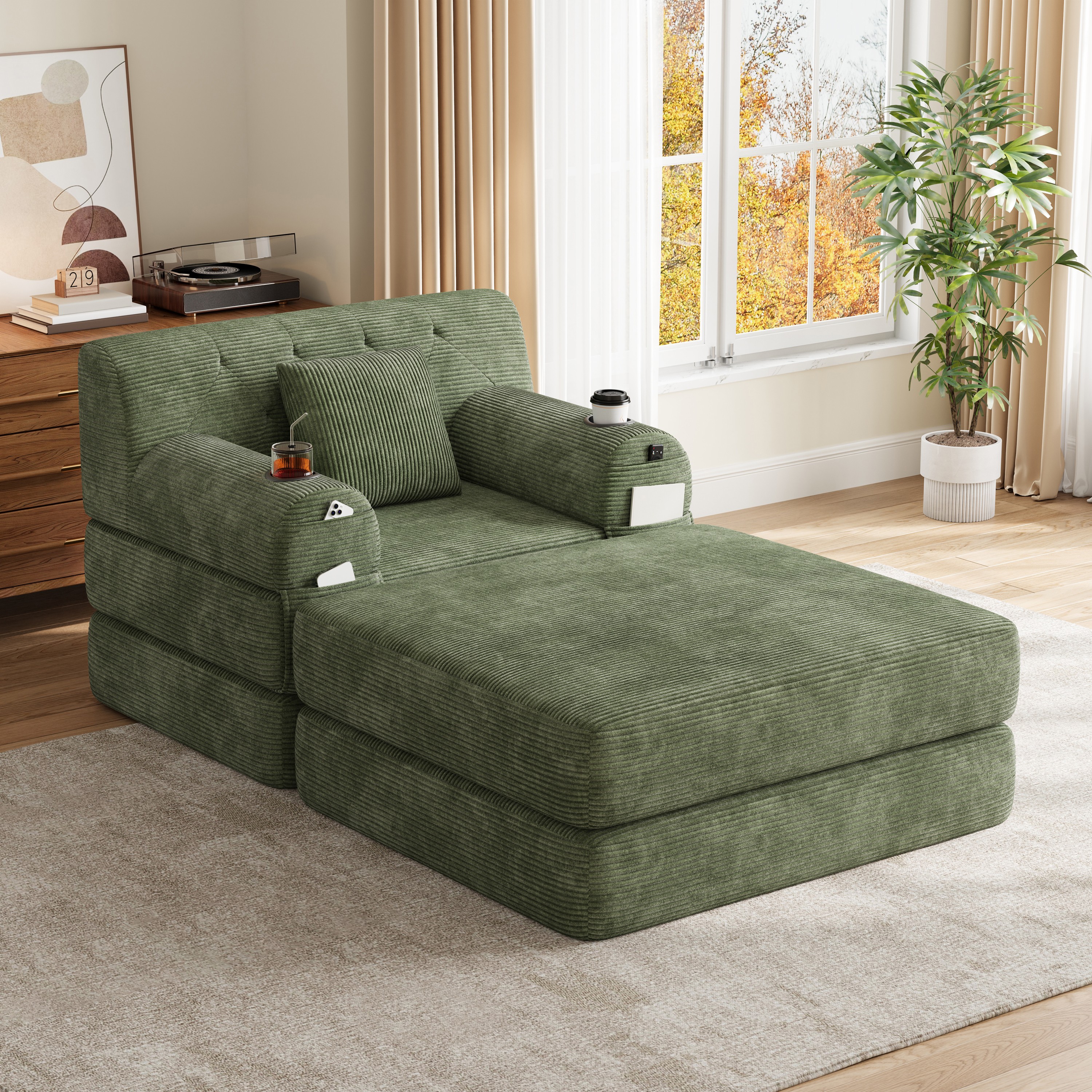 Cord Sleeper Chair With Ottoman, Convertible 1-Seater Sofa Bed, Compressed — image 3