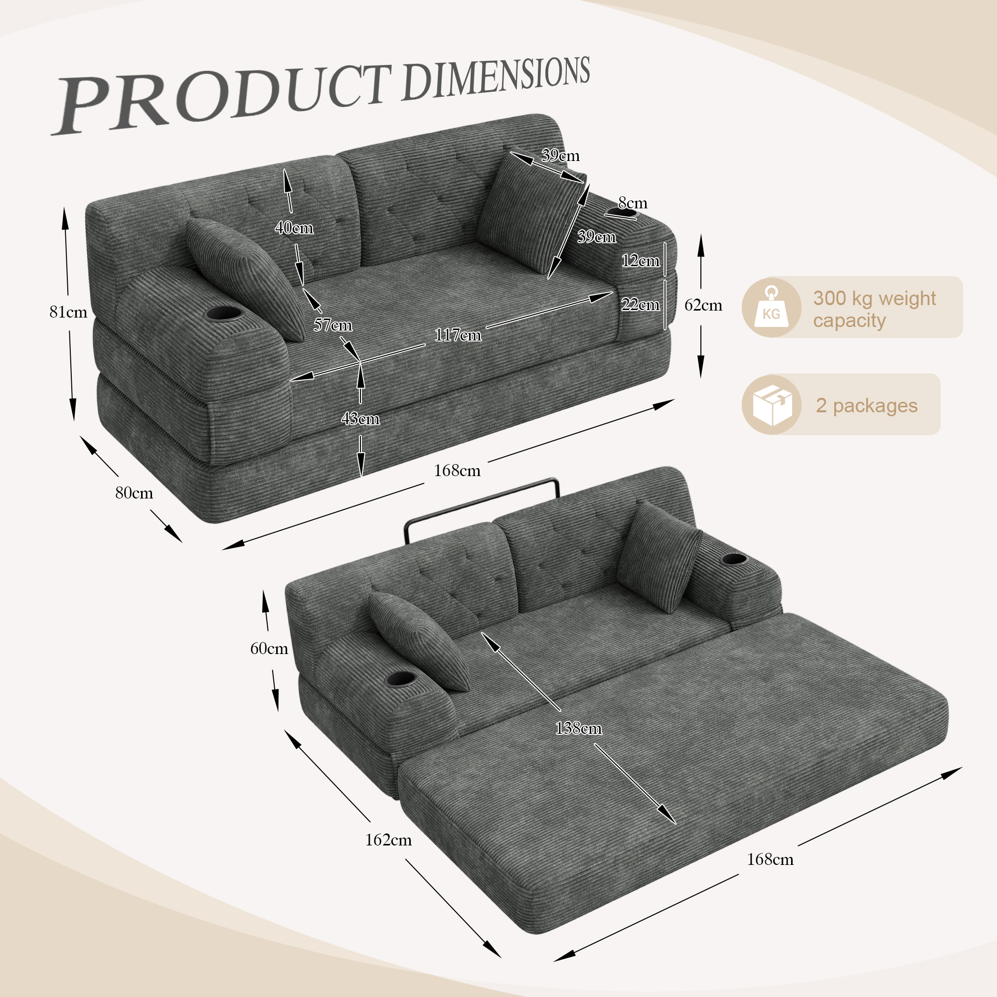 2-Seater Sleeper Sofa, Compressed Corduroy With High Backrest, Metal Frame — image 4