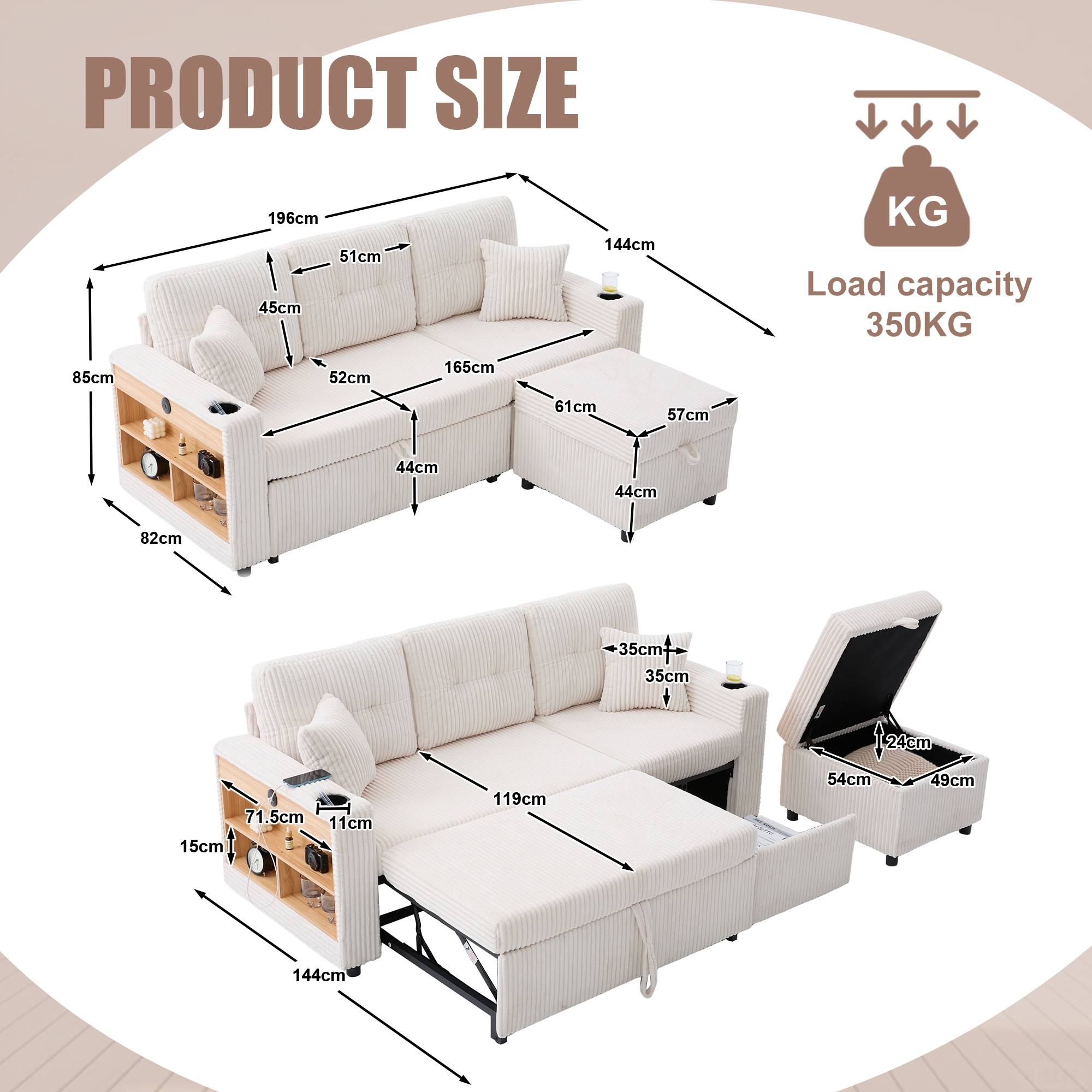 Corduroy Sofa Bed With Storage And Pull-out Featuring USB-C Charging, LED
