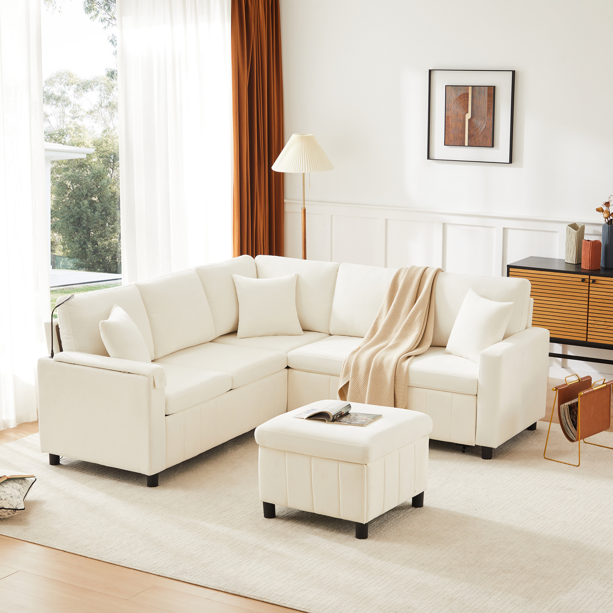 Chenille Corner Sofa With Sleep Function, Pull-out Ottoman, Reading Lamp, USB — image 3