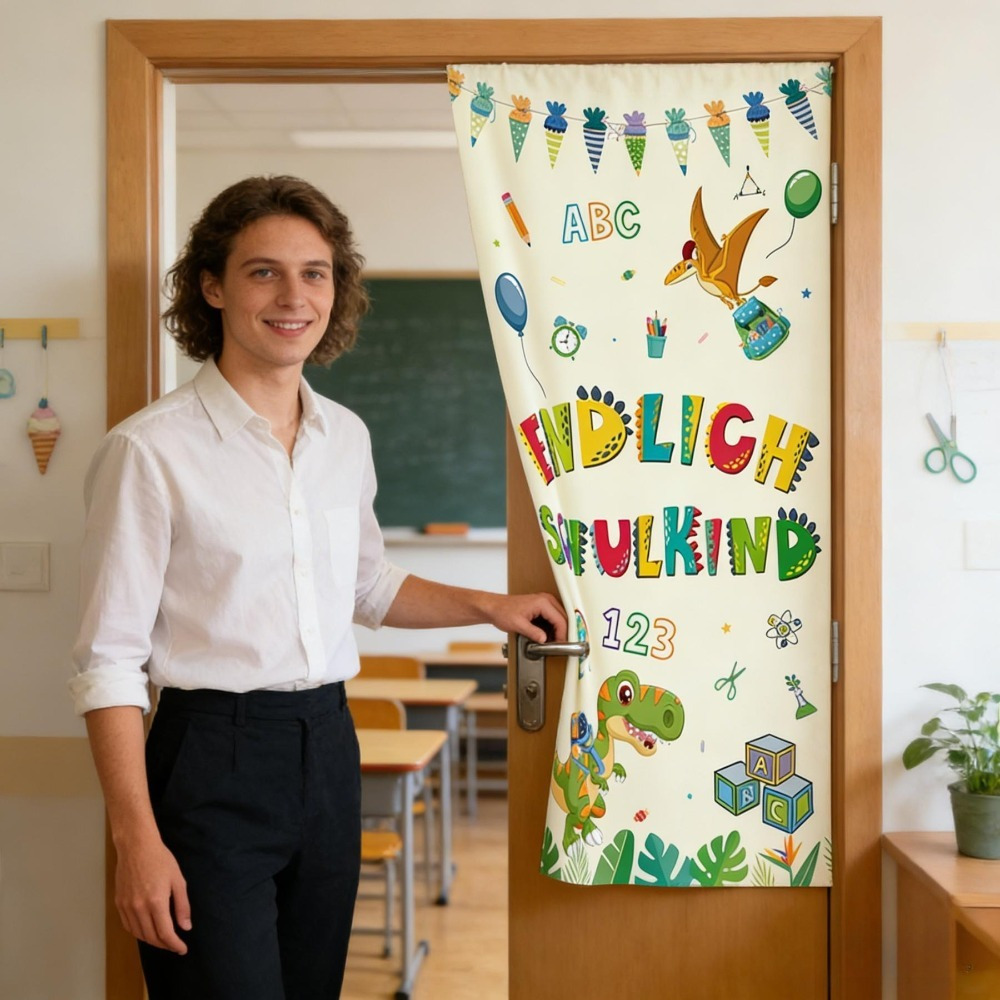 First Day Of School Banner, Back-to-School Banner, Dinosaur Door Curtain With School Motifs & Dino Design, Large Back-to-School Decorations For Classrooms & First Day Of School Party Decorations
