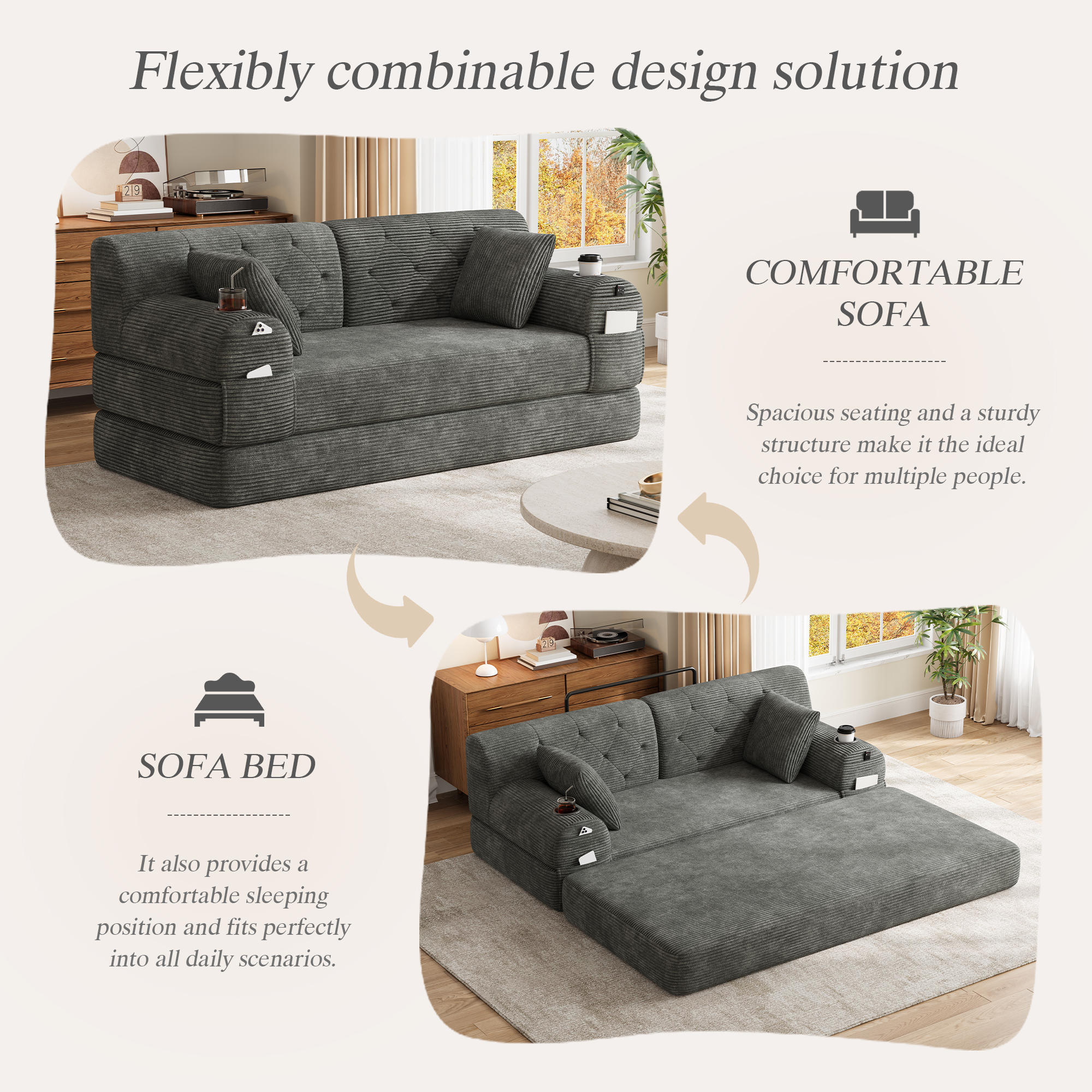 2-Seater Sleeper Sofa, Compressed Corduroy With High Backrest, Metal Frame — image 3