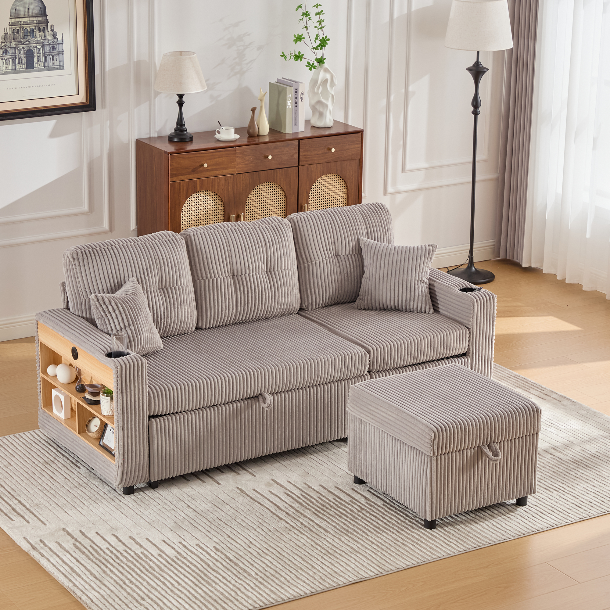Corduroy Sofa Bed With Storage And Pull-out Featuring USB-C Charging, LED — image 3