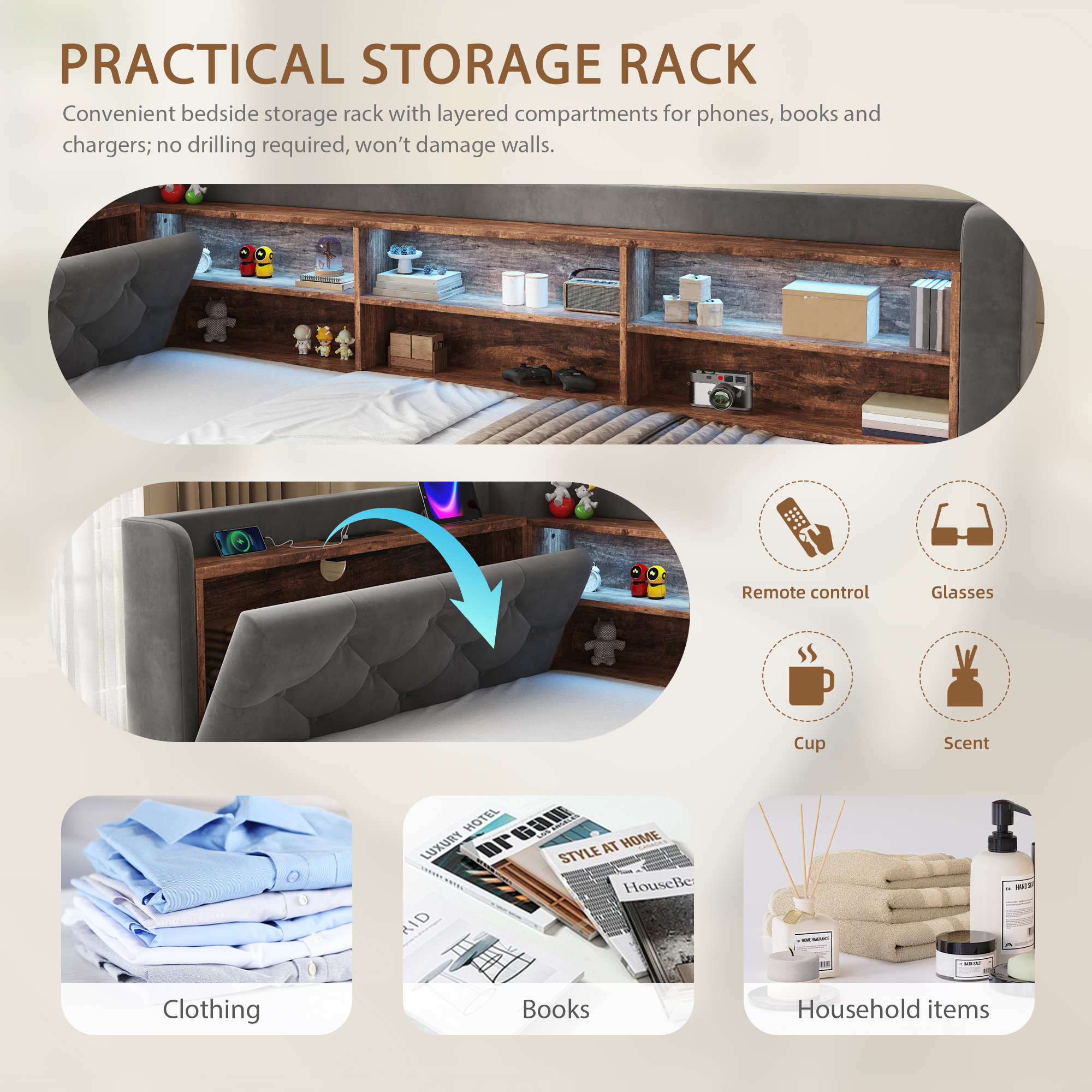 90 X 190 Cm Velvet Sofa Bed Frame, Pull-Out Day With Storage Armrest, Wooden — image 2