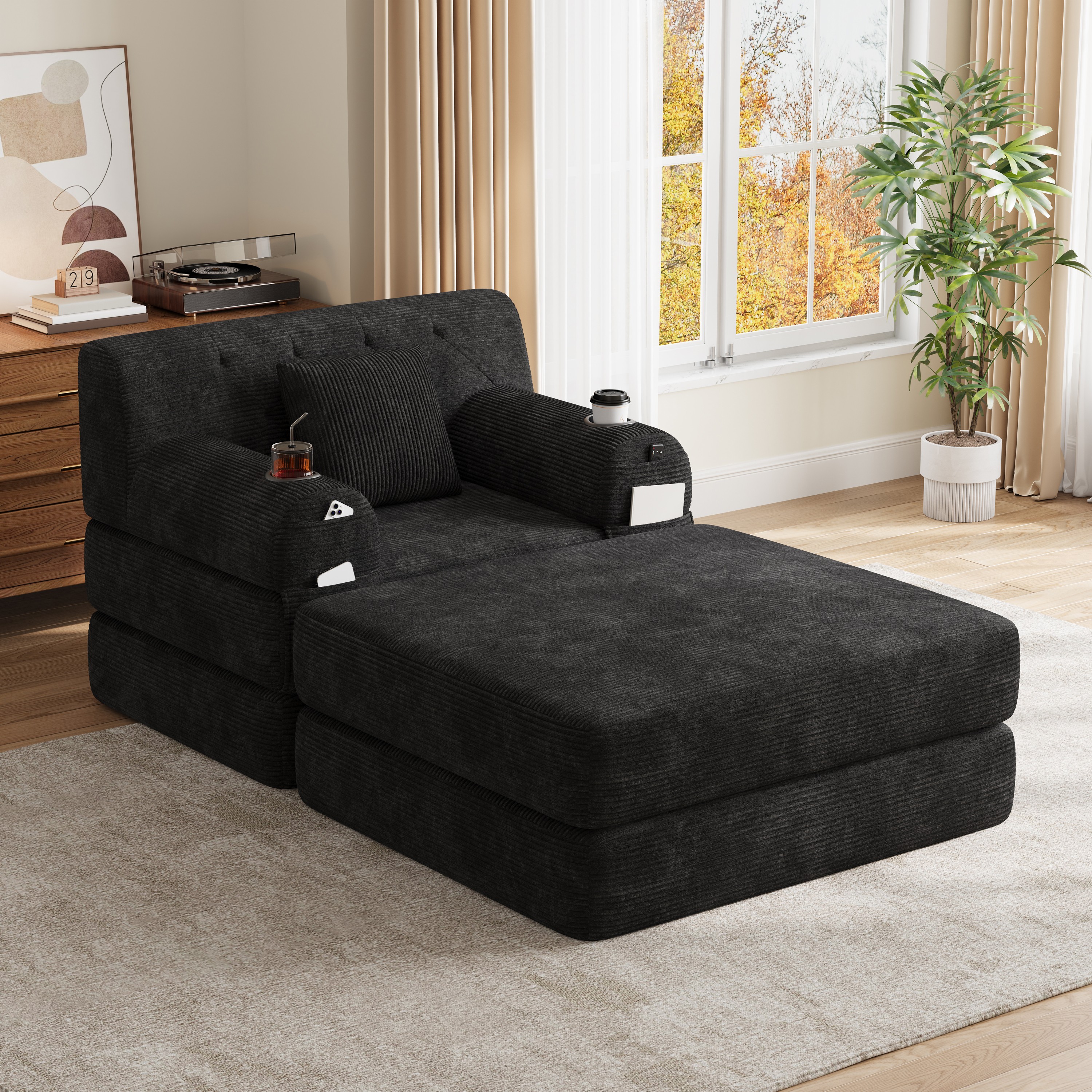 Cord Sleeper Chair With Ottoman, Convertible 1-Seater Sofa Bed, Compressed — image 4
