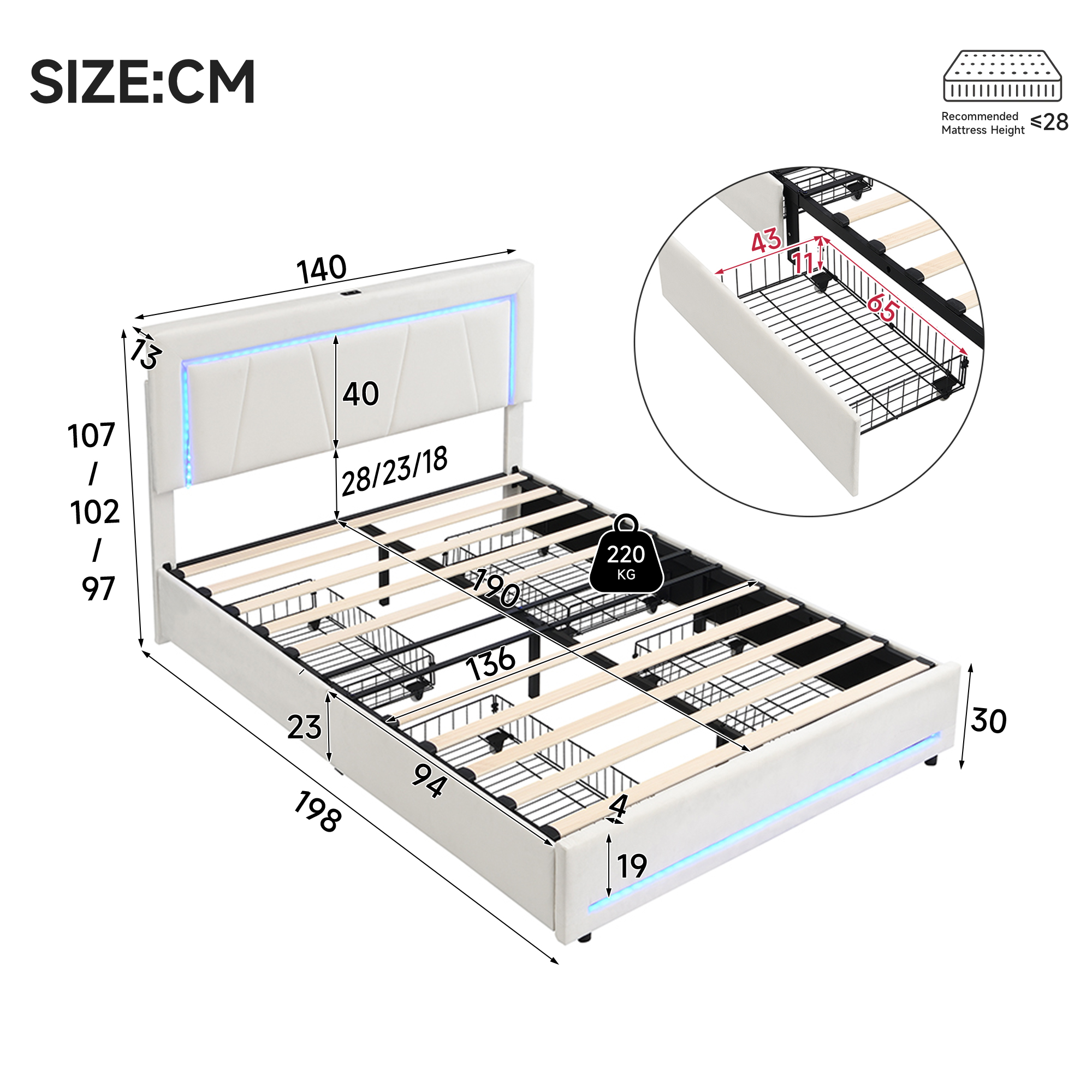 Upholstered Bed, 4ft6 Double 135x190cm, Storage Soft Backrest, 4 Drawers — image 2