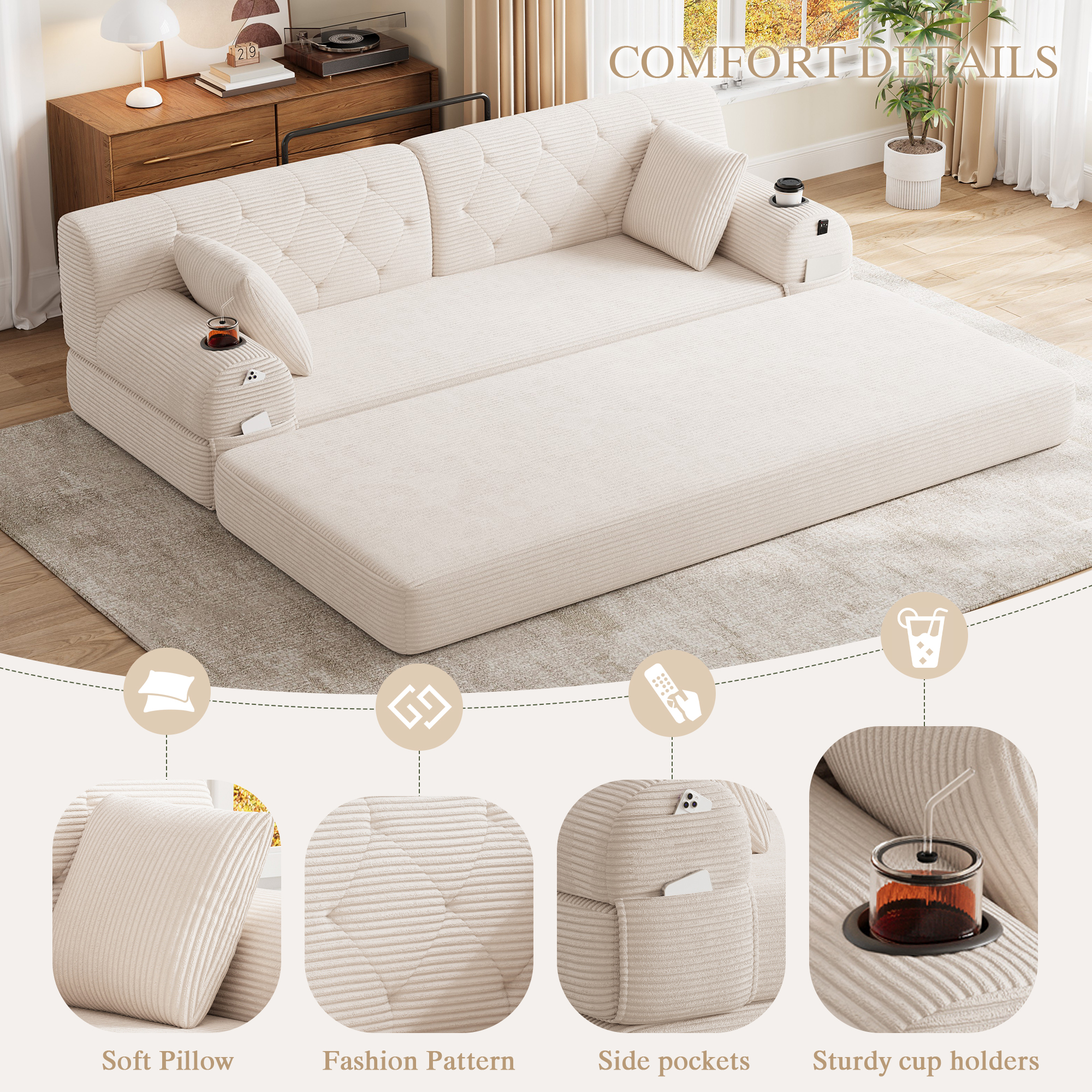 3-Seater Sleeper Sofa, Compressed Corduroy With High Backrest, Metal Frame — image 2