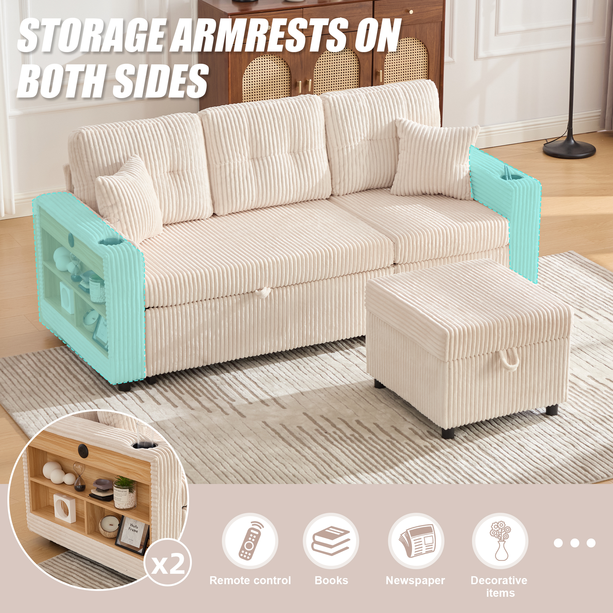 Corduroy Sofa Bed With Storage And Pull-out Featuring USB-C Charging, LED — image 4
