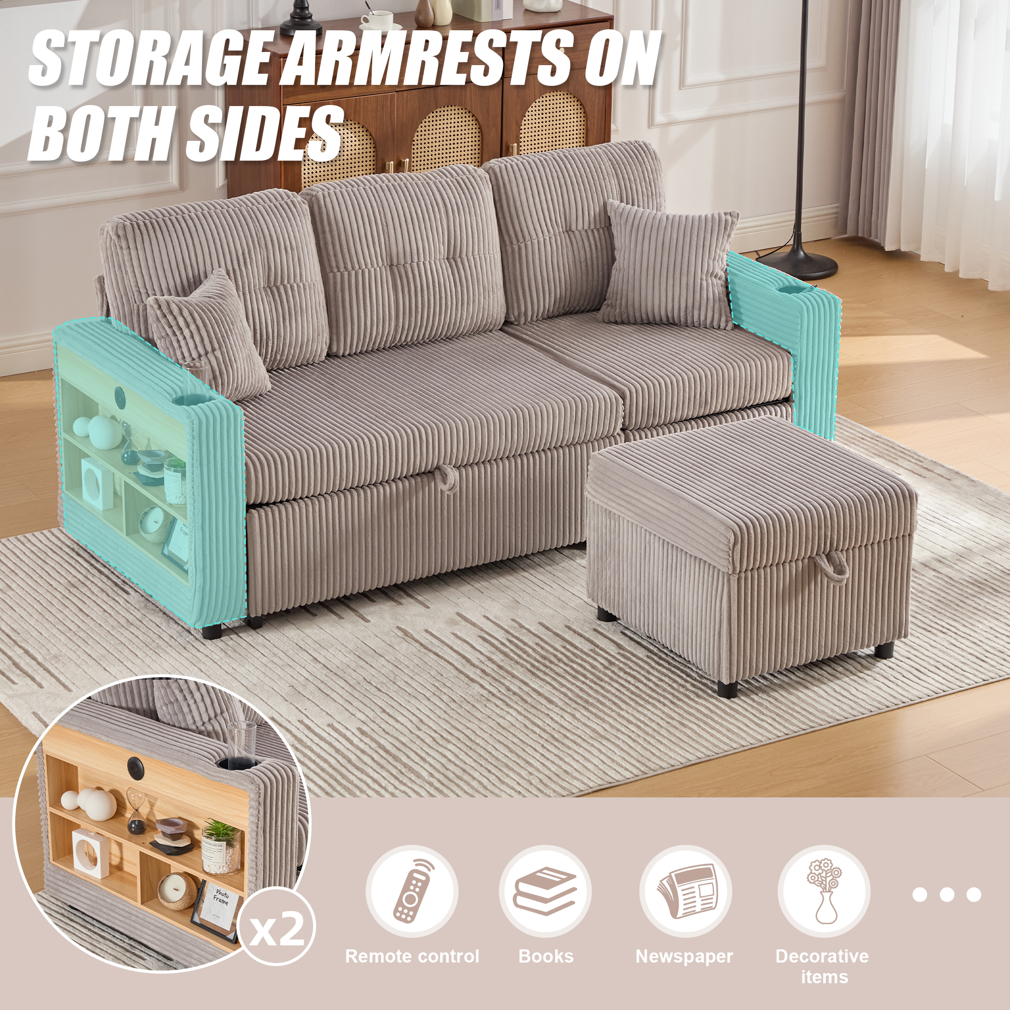 Corduroy Sofa Bed With Storage And Pull-out Featuring USB-C Charging, LED — image 5