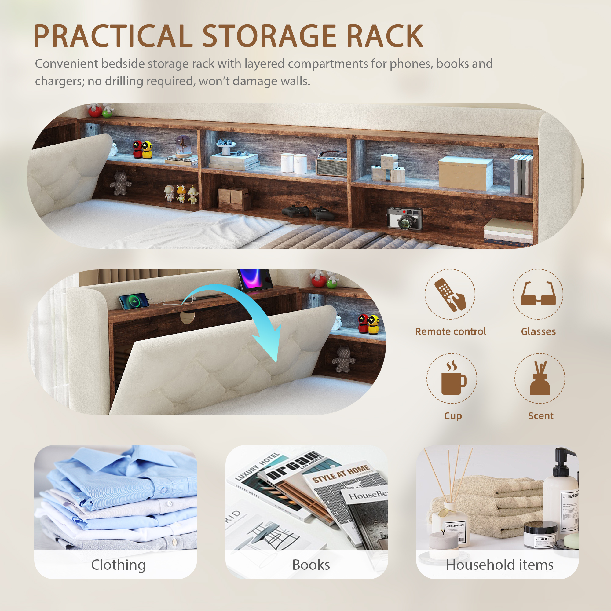 90 X 190 Cm Velvet Sofa Bed Frame, Pull-Out Day With Storage Armrest, Wooden — image 2