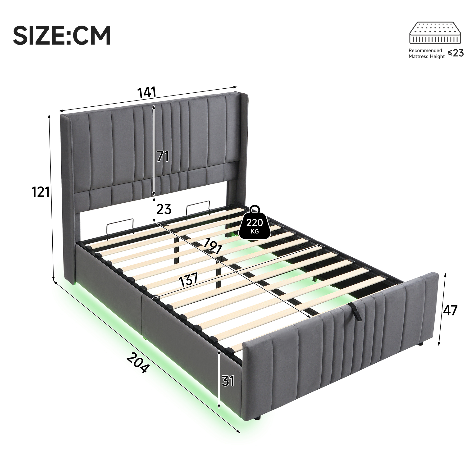 Upholstered Bed, Ottoman Hydraulic With Storage Function, LED Lighting4ft6 — image 3