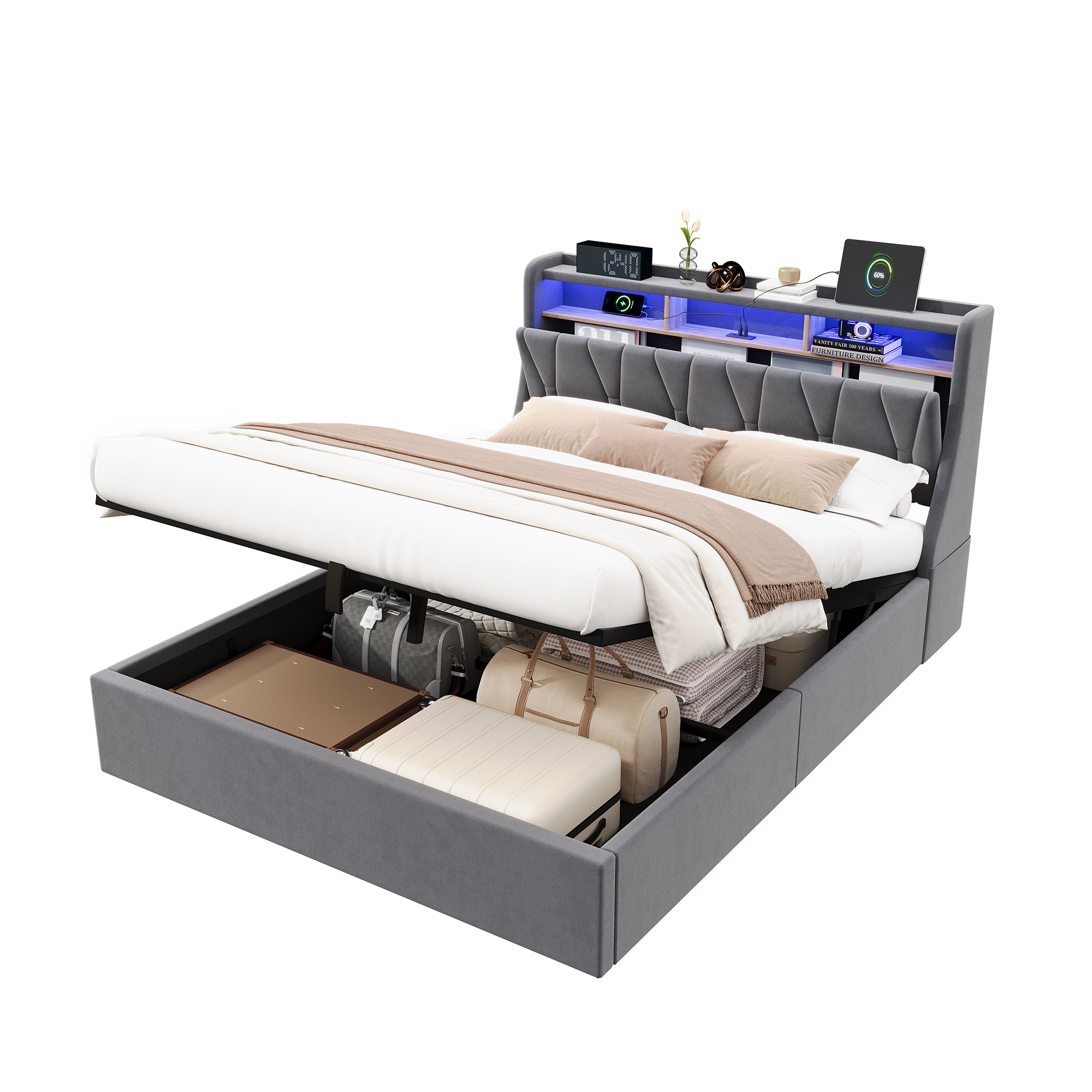Upholstered Bed, Hydraulic With Storage Function, LED Lighting, 4ft6, Double — image 4