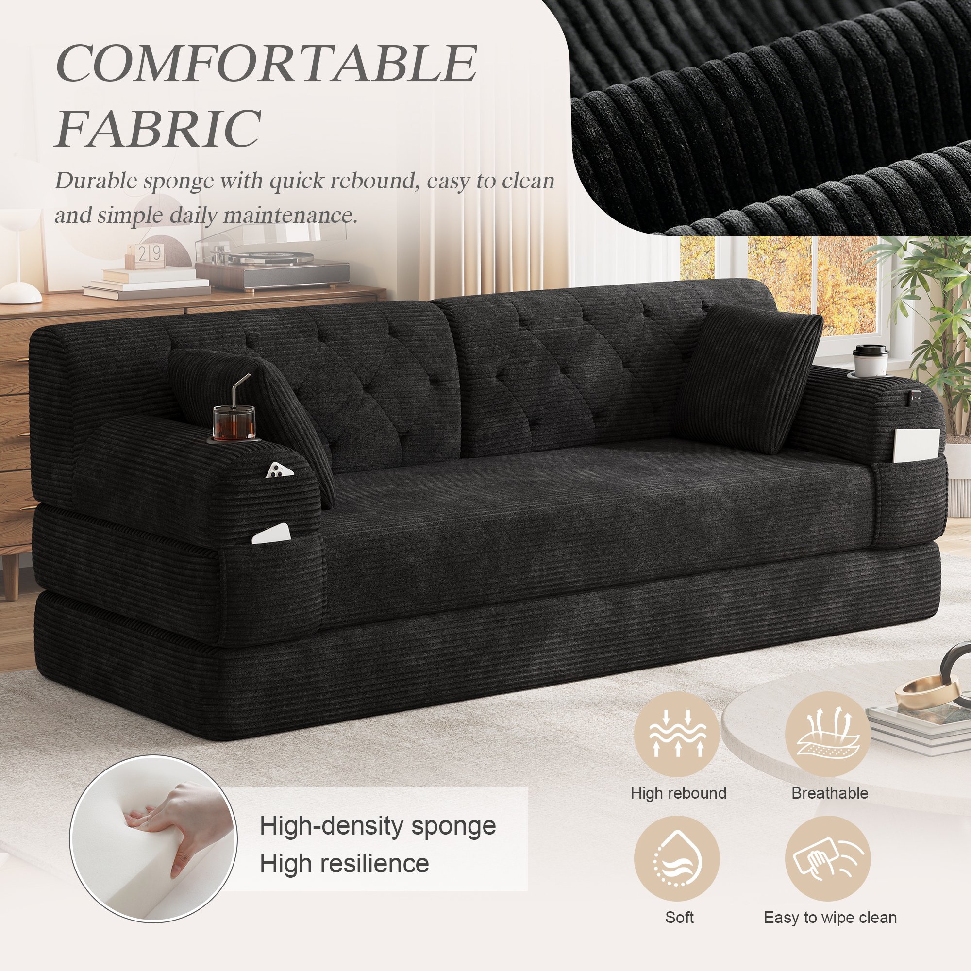 3-Seater Sleeper Sofa, Compressed Corduroy With High Backrest, Metal Frame — image 5